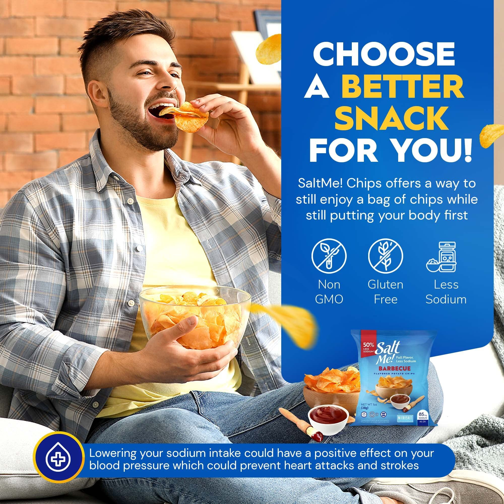 Saltme Barbecue Better For You Potato Chips - 24Ct 1Oz Bags - 50% Less Sodium, Kosher, Healthier Snack Pack- Best Full Flavor, Non-Gmo, Gluten Free - Less Sodium, Same Flavor.