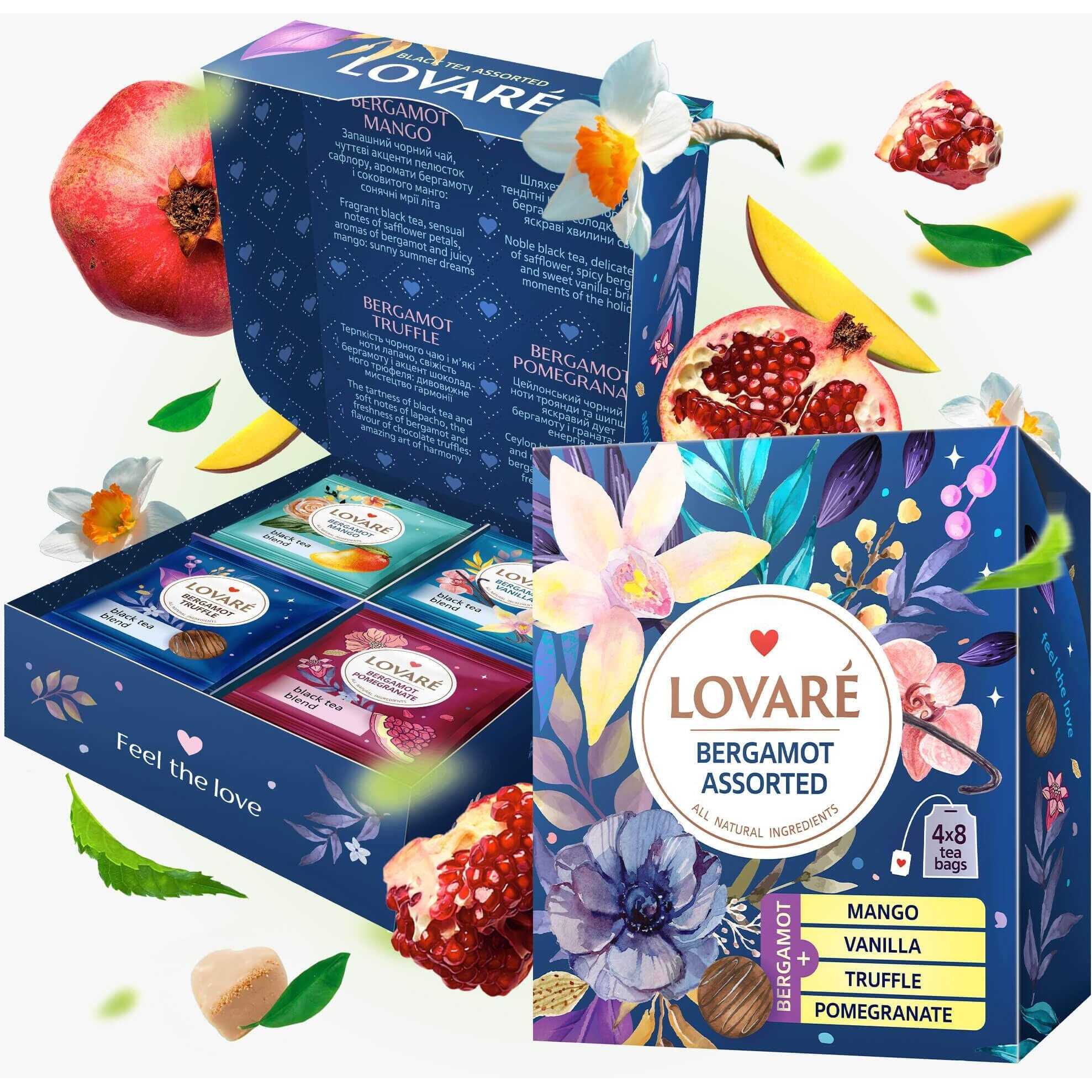 Lovare Bergamot Assorted Tea Variety Pack 32 Pack, 4 Tastes - Made In Ukraine - Black Tea Bags Individually Wrapped - Assorted Tea Bags Variety Pack With Vanilla, Truffle, Mango, Pomegranate Flavors