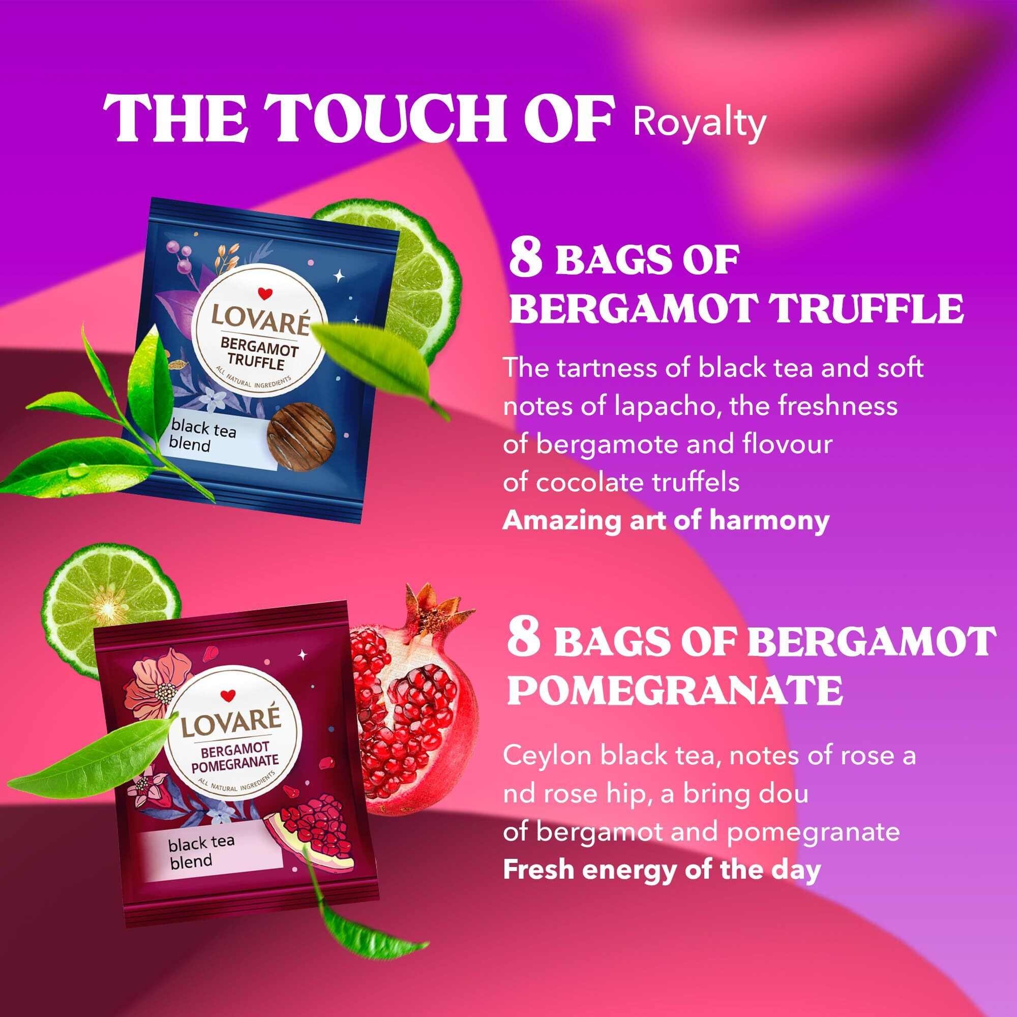 Lovare Bergamot Assorted Tea Variety Pack 32 Pack, 4 Tastes - Made In Ukraine - Black Tea Bags Individually Wrapped - Assorted Tea Bags Variety Pack With Vanilla, Truffle, Mango, Pomegranate Flavors