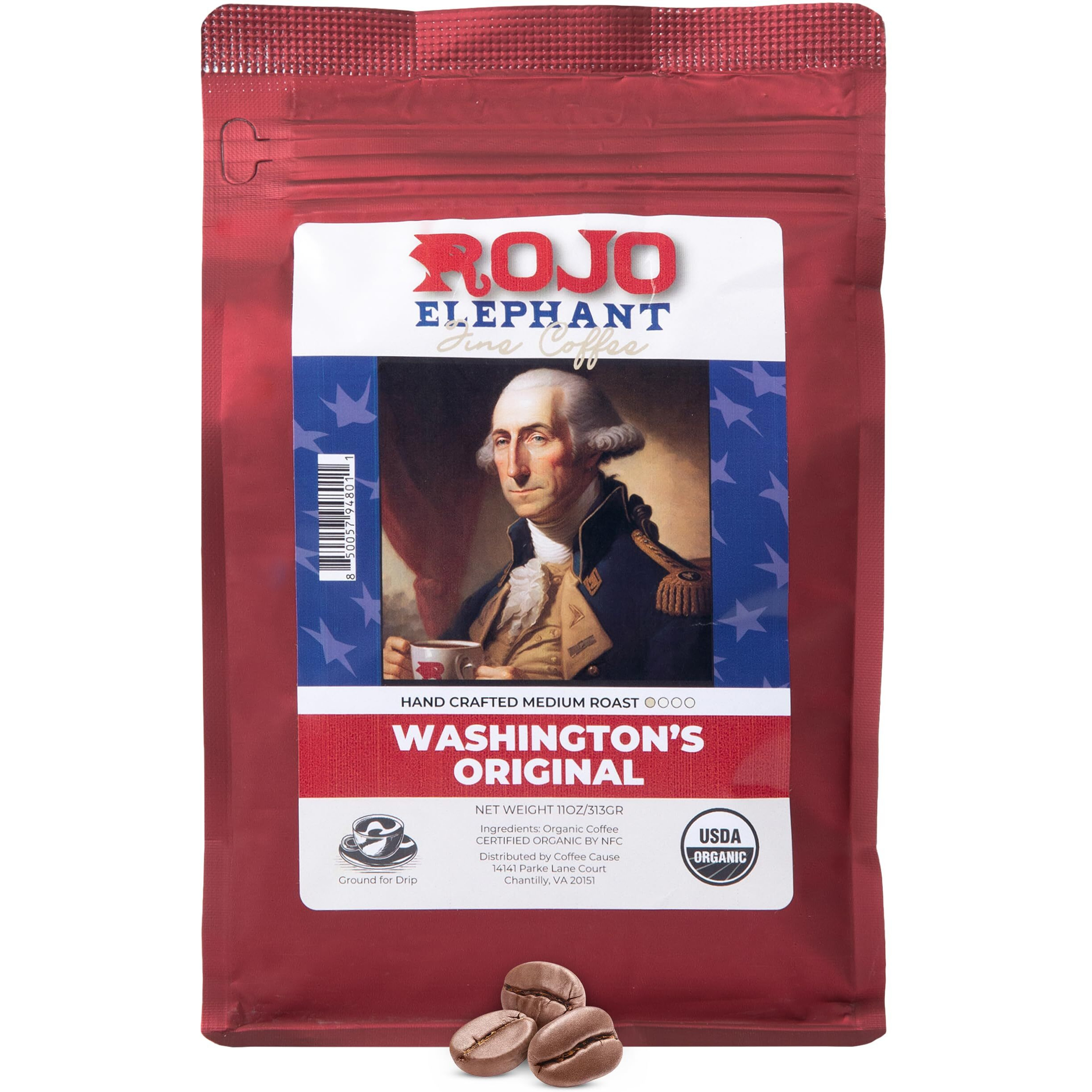 Rojo Elephant Washington Original Handcrafted Ground Coffee, Made From 100% Arabica Beans, Premium Medium Roast, Smooth, Rich Flavor, Usda Organic, 11 0Z Pack