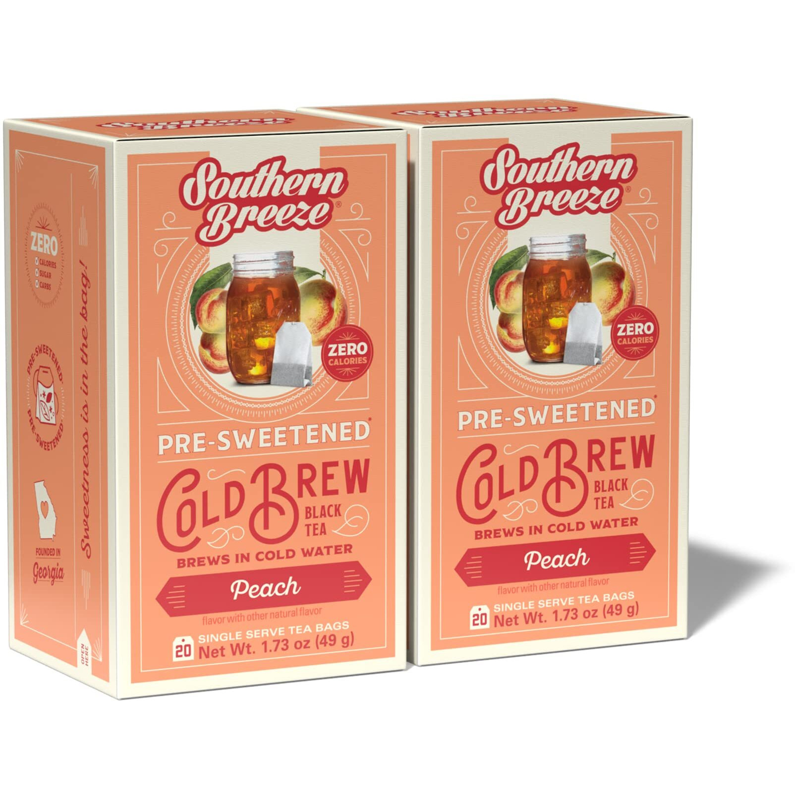 Southern Breeze Cold Brew Sweet Tea Peach Iced Tea With Black Tea And Zero Carbs Zero Sugar, 20 Individually Wrapped Tea Bags (Pack Of 2) Southern Sweet Tea Iced Tea Beverage