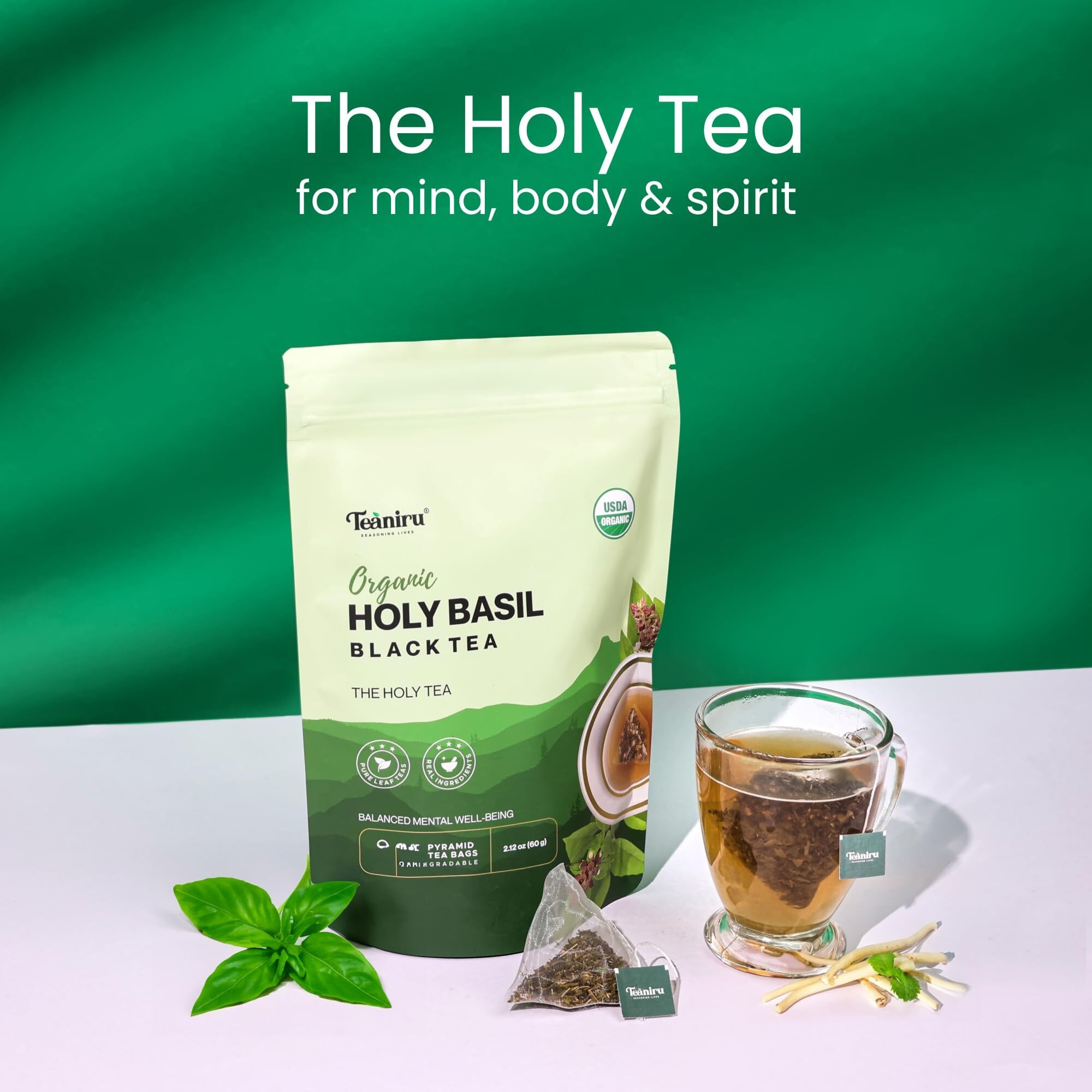 Teaniru, Holy Basil Black Tea - 30 Count | For Overall Mental Well-Being | Rich In Vitamin C, K, A & Adaptogenic Properties | Your Morning Kickstart | Certified By Usda Organic