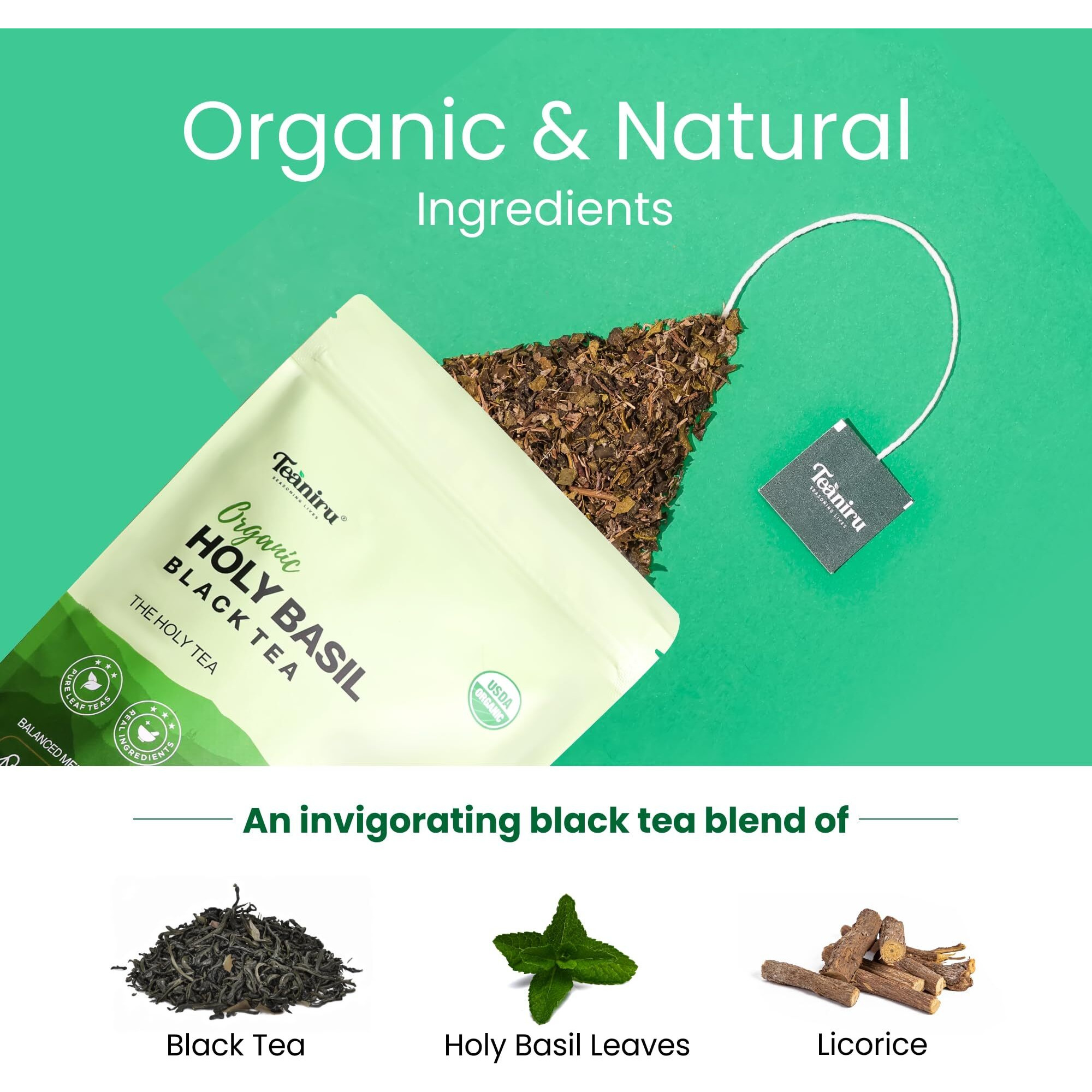 Teaniru, Holy Basil Black Tea - 30 Count | For Overall Mental Well-Being | Rich In Vitamin C, K, A & Adaptogenic Properties | Your Morning Kickstart | Certified By Usda Organic