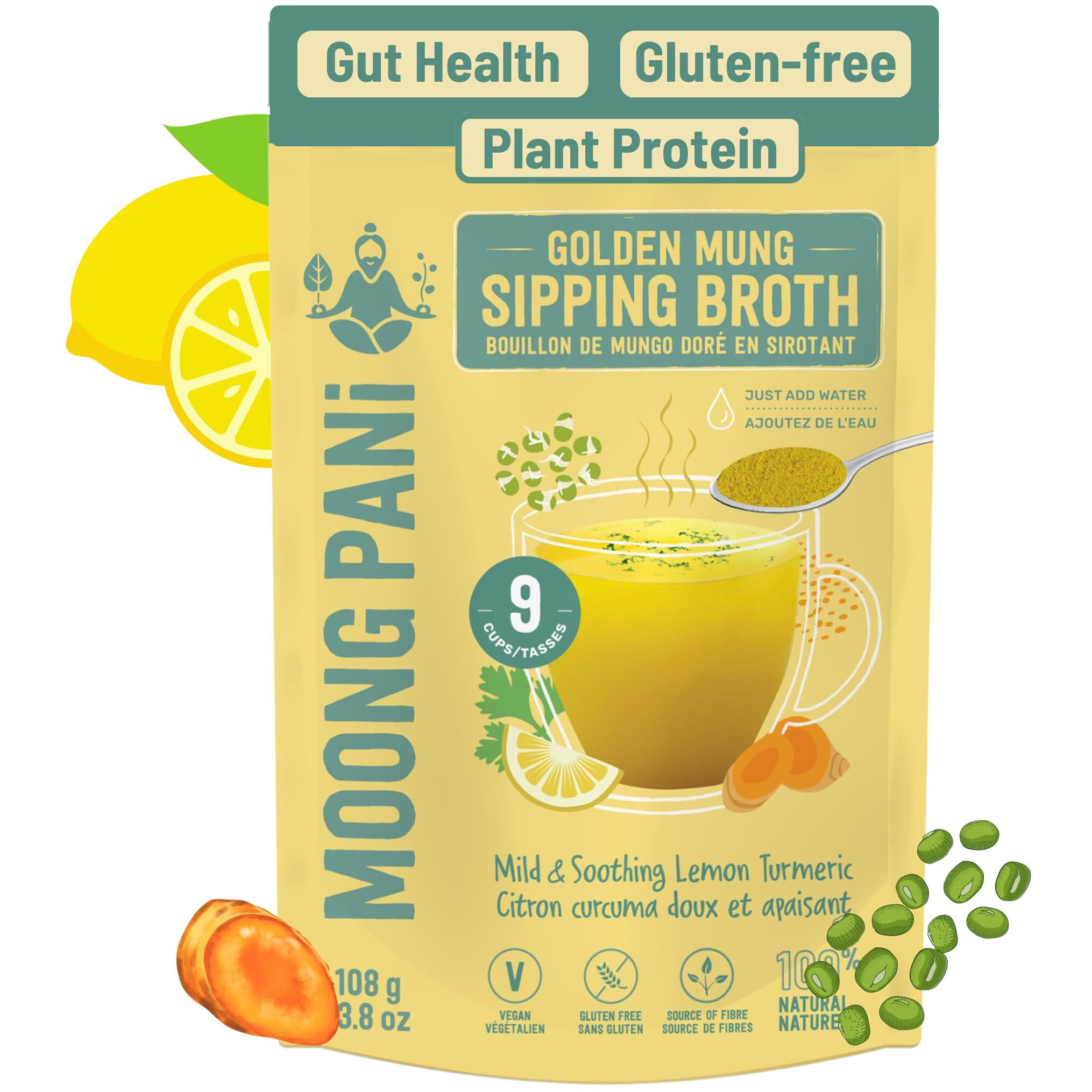 Sprouted Mung Sipping Broth | Mild & Soothing With Lemon & Turmeric | Plant Protein | Vegan Soup Powder | 100% Natural | Gluten-Free, Soy-Free | Keto-Friendly | Instant | Ayurvedic | 9 Servings
