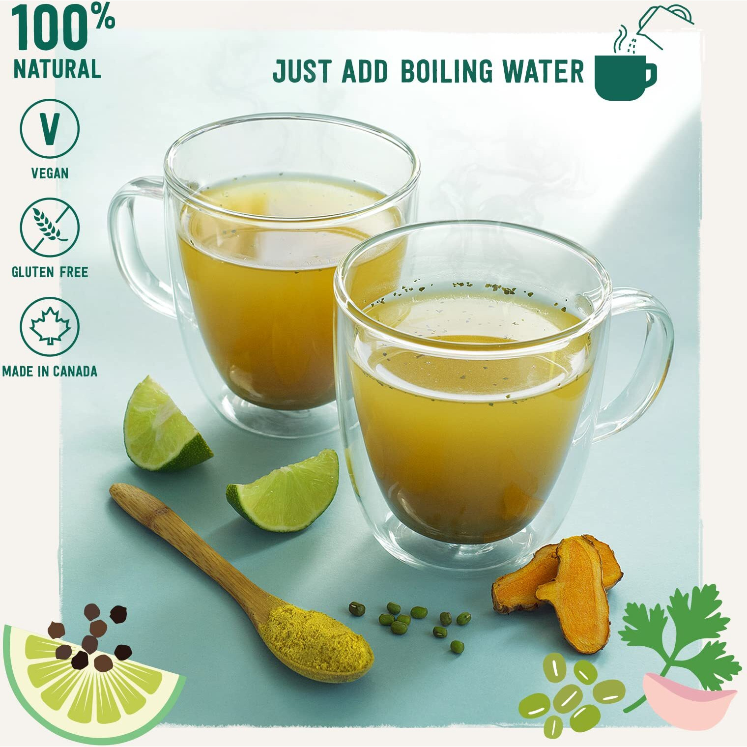 Sprouted Mung Sipping Broth | Mild & Soothing With Lemon & Turmeric | Plant Protein | Vegan Soup Powder | 100% Natural | Gluten-Free, Soy-Free | Keto-Friendly | Instant | Ayurvedic | 9 Servings