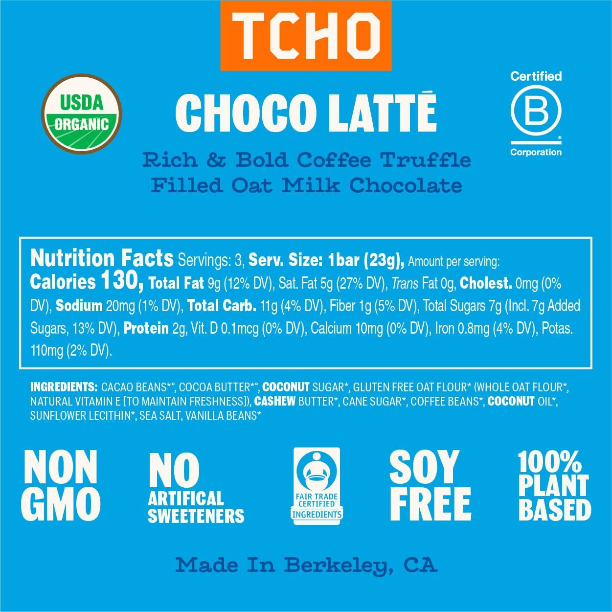 Tcho Choco Latte 47% Oat Milk Chocolate Bars (3 Pack) | Plant Based, Organic & Fair Trade, | Non Gmo, Non-Dairy, Vegan, Soy Free (2.5Oz Each)