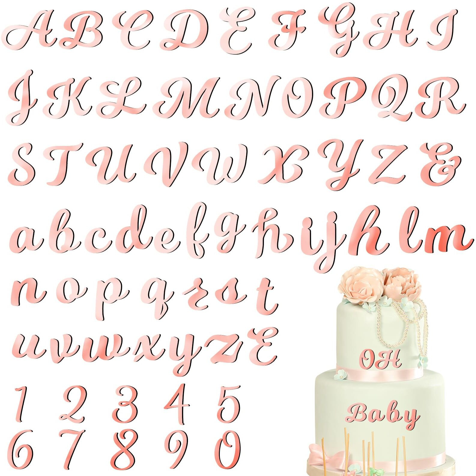 Jspupifip 64Pcs Rose Gold Acrylic Cake Topper, Glitter Numbers & Alphabet Decor, Personalized Cake Picks For Anniversary, Baby Shower, Wedding Party Supplies