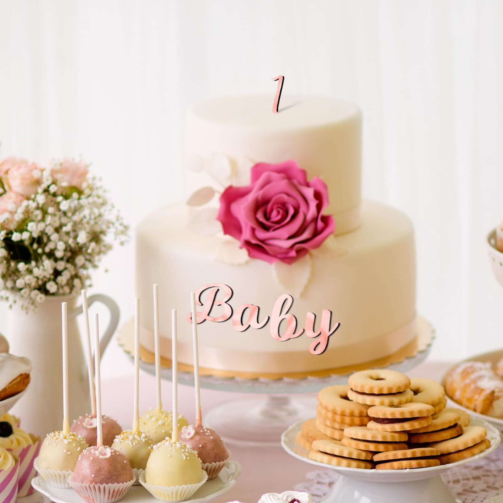 Jspupifip 64Pcs Rose Gold Acrylic Cake Topper, Glitter Numbers & Alphabet Decor, Personalized Cake Picks For Anniversary, Baby Shower, Wedding Party Supplies