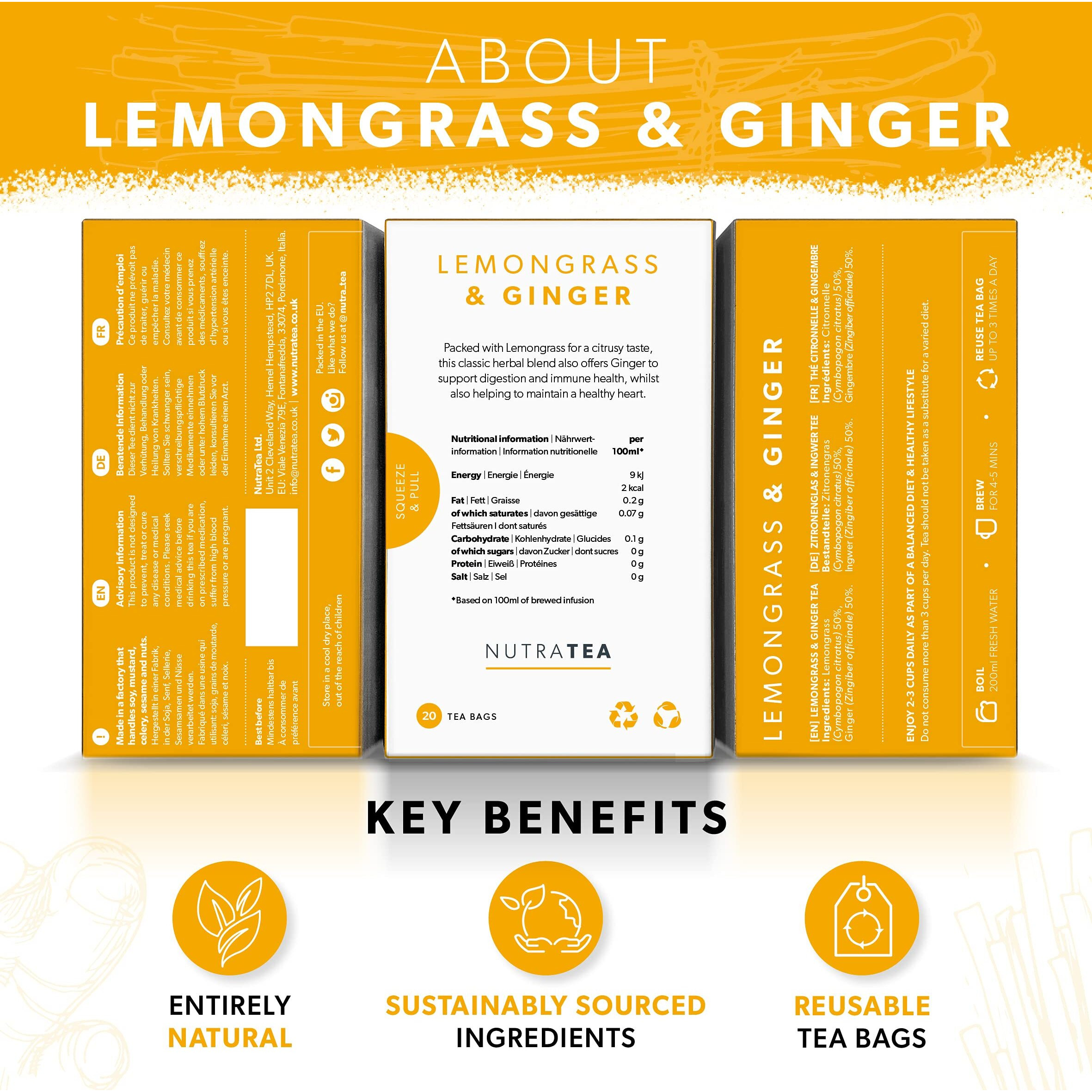 Nutra Tea - Lemongrass & Ginger Tea - 40 Tea Bags - Herbal Tea - (2 Pack)