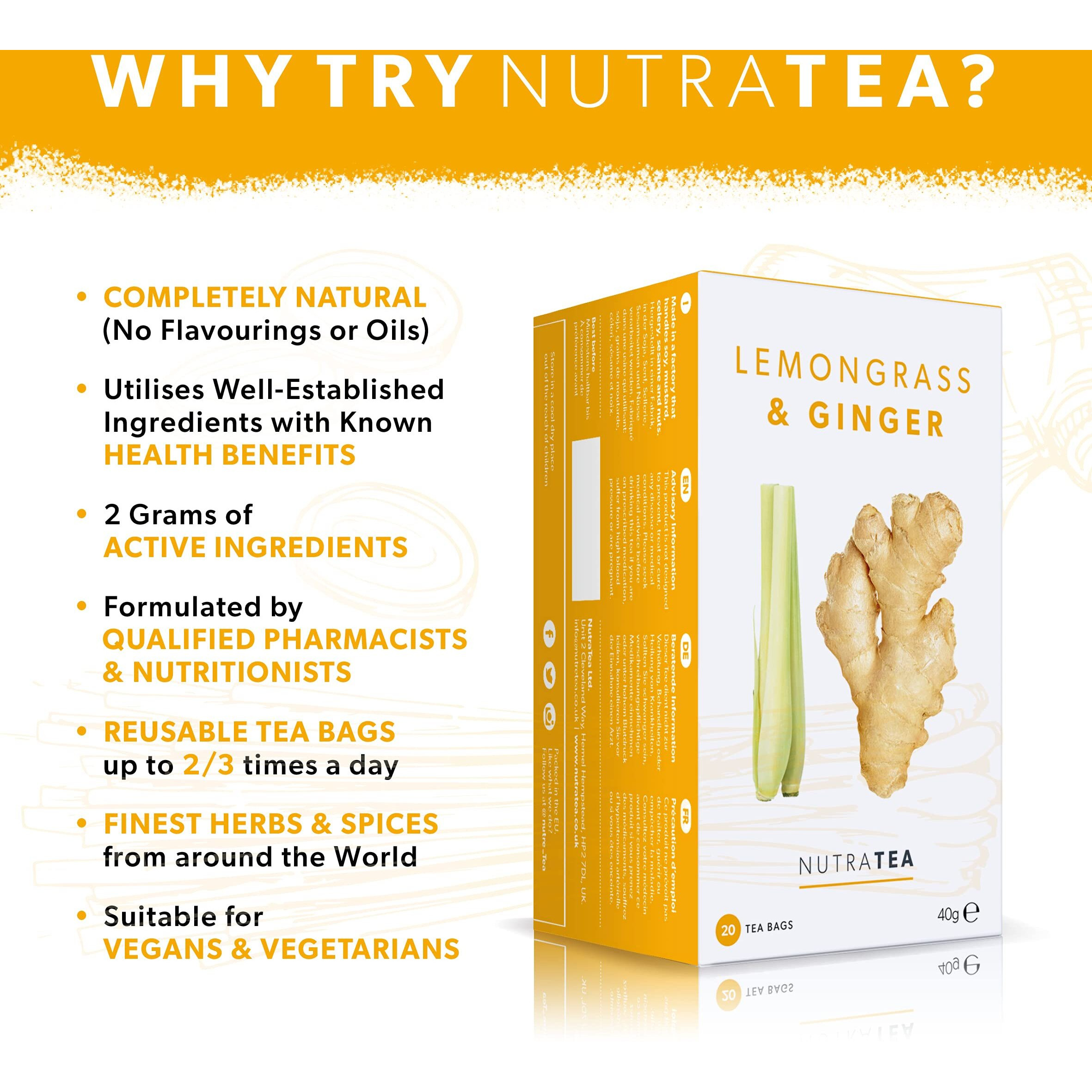 Nutra Tea - Lemongrass & Ginger Tea - 40 Tea Bags - Herbal Tea - (2 Pack)