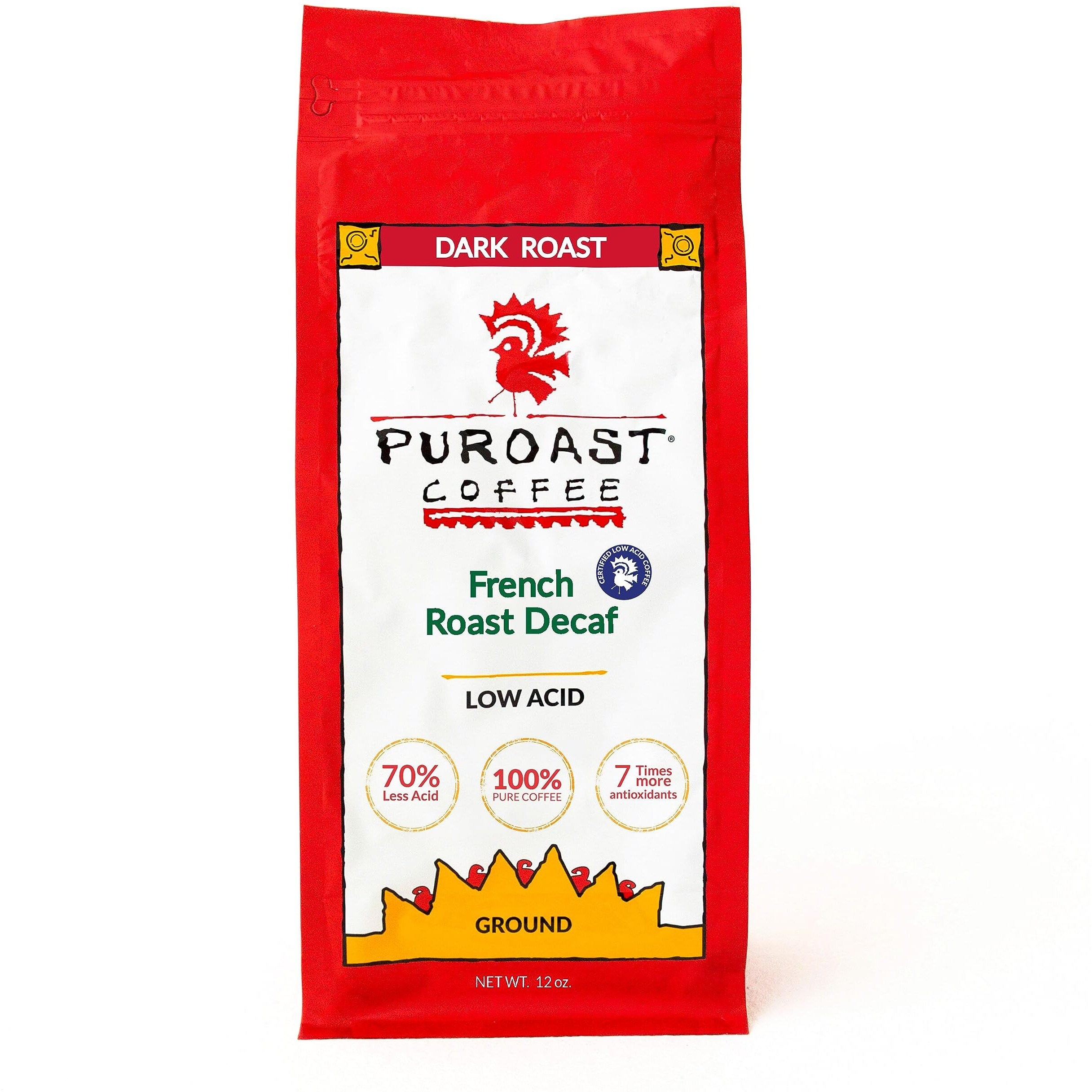 Puroast Low Acid Coffee Decaf , Decaf French Roast Ground, Dark Roast, High Antioxidants & High Ph, No Bitter Aftertaste, Reduced Heartburn & Gerd, Suitable For Cold Brew - 12 Oz