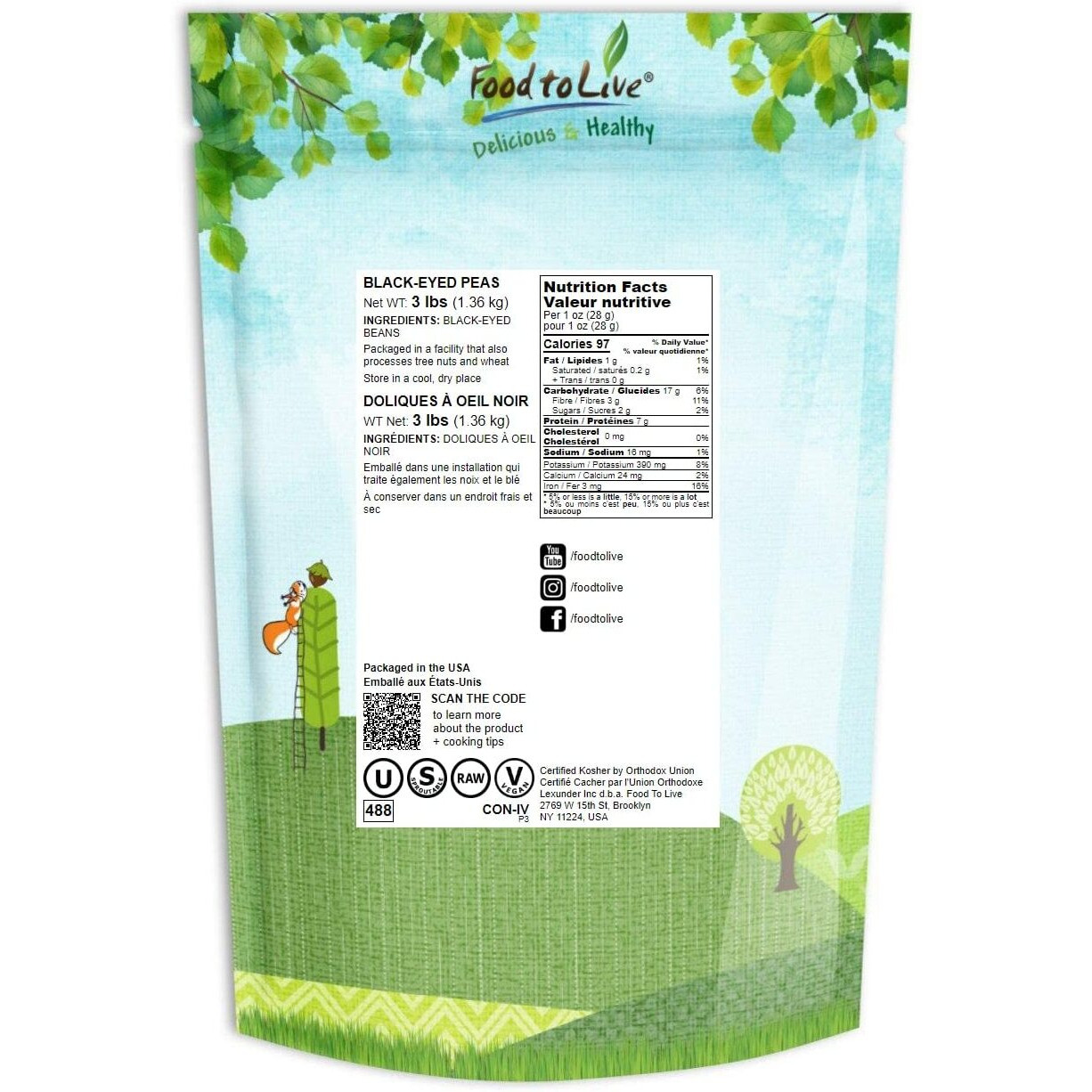 Black-Eyed Peas, 3 Pounds - Non-Gmo Verified, Raw Dried Whole Cow Peas, Kosher, And Vegan, Sproutable, Bulk Black-Eyed Peas. High In Dietary Fiber, Easy To Cook. Product Of The Usa.