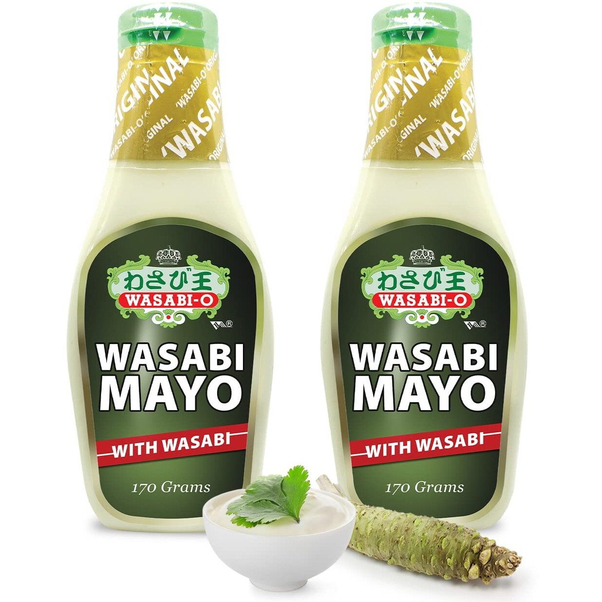 Wasabi O Spicy Mayonnaise - Premium Mayo Cream With Real Wasabi, Fat Free, Healthy, Vegan Japanese Mayonnaise Sauce For Dressing & Seasoning, 170G Squeeze Mayo Bottle Pack Of 2