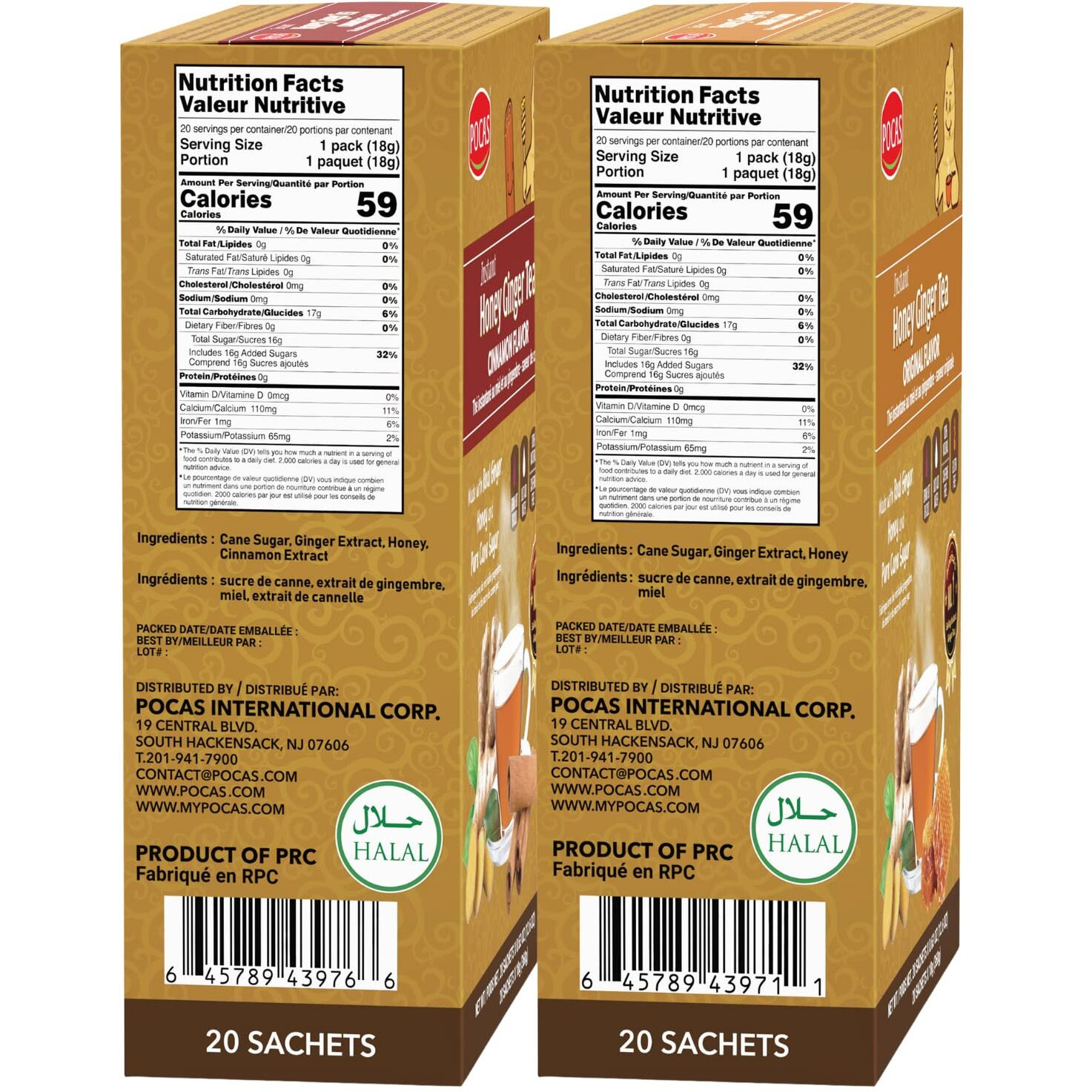 Pocas Honey Ginger Tea Variety Set - Instant Tea Powder Packets, Ginger Honey Crystals Tea, Original & Cinnamon Flavors, Non-Gmo/Gluten Free/Caffeine Free Tea, 20 Count (Pack Of 2)