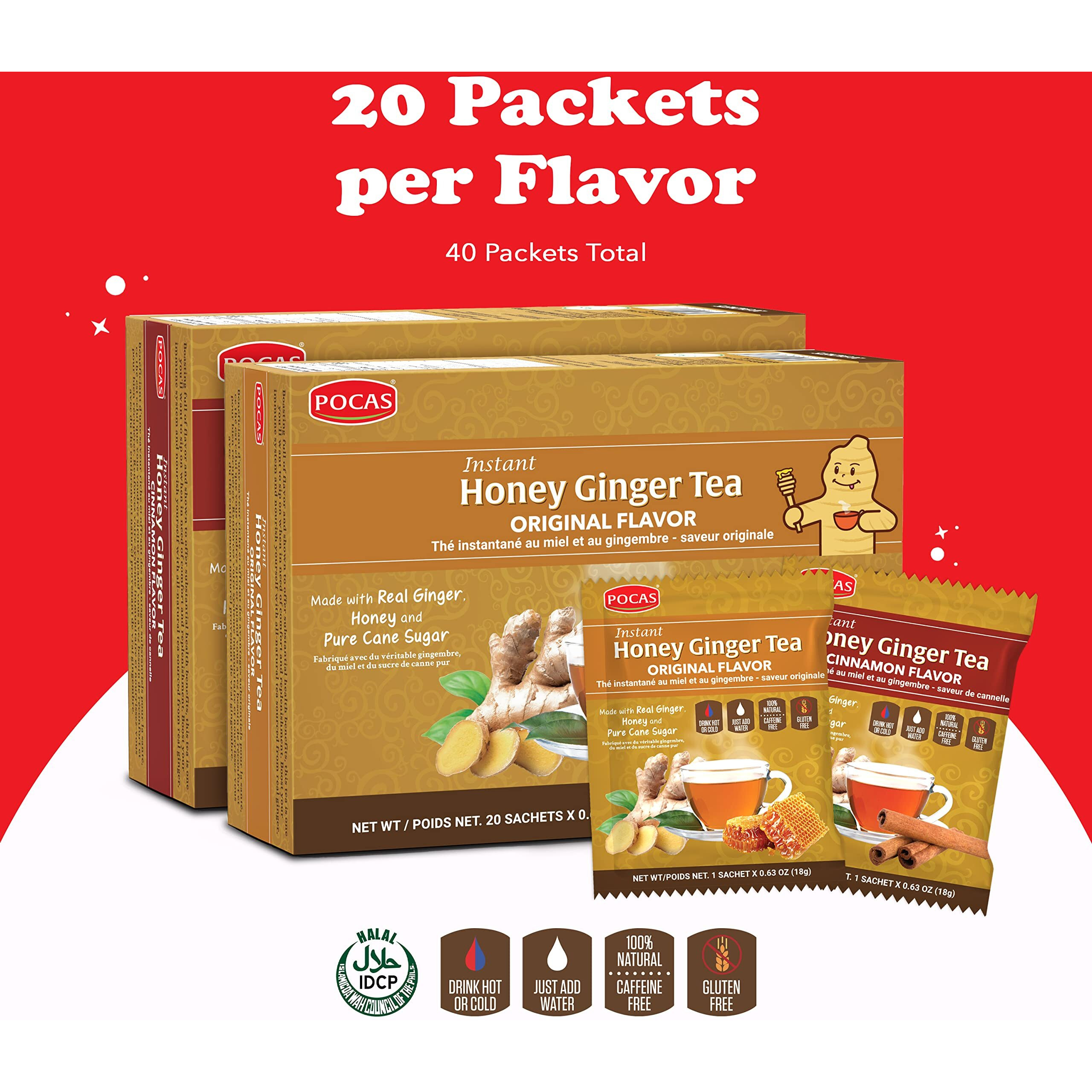 Pocas Honey Ginger Tea Variety Set - Instant Tea Powder Packets, Ginger Honey Crystals Tea, Original & Cinnamon Flavors, Non-Gmo/Gluten Free/Caffeine Free Tea, 20 Count (Pack Of 2)