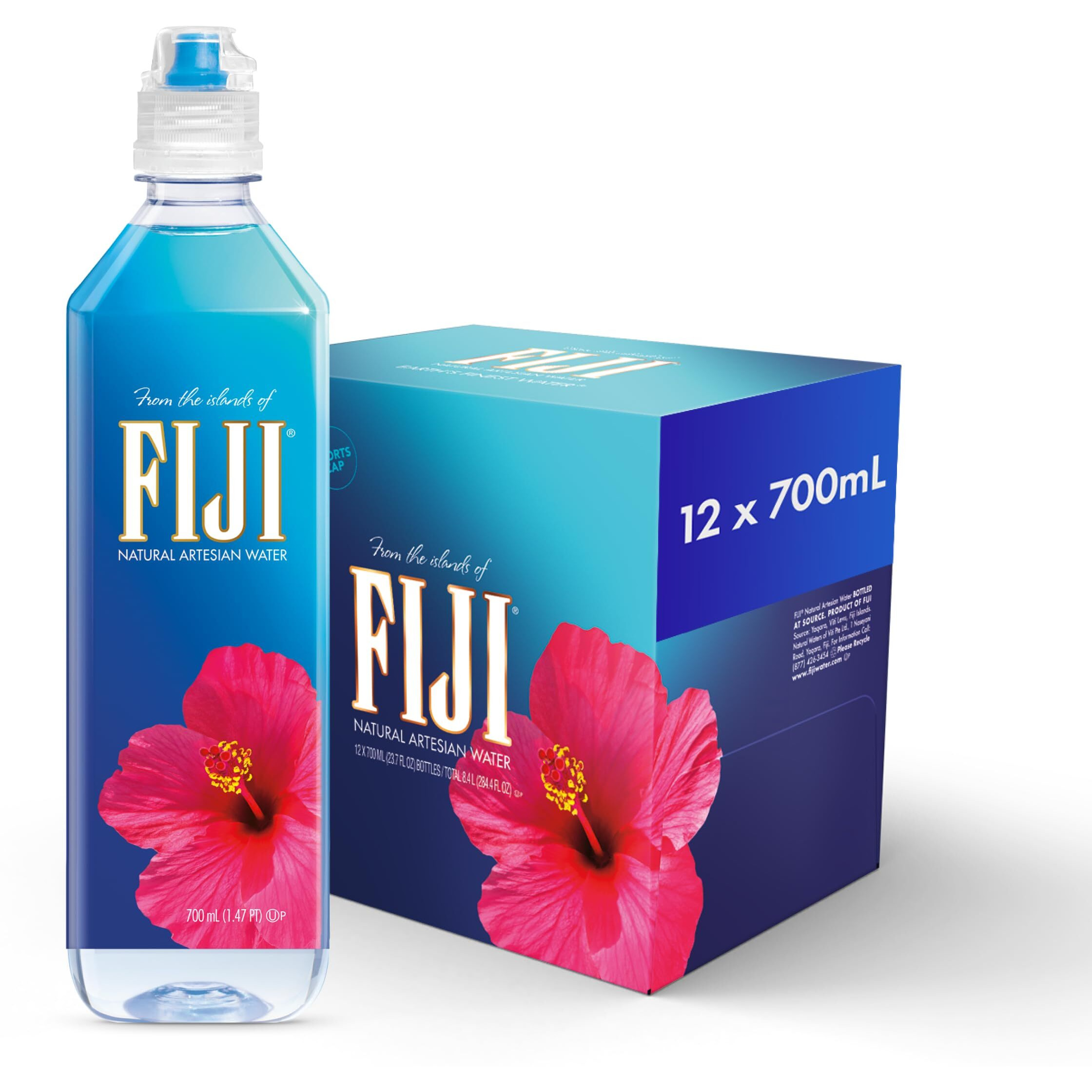 Fiji Natural Artesian Bottled Water 700Ml / 23.7 Fl Ounce (Pack Of 12) - Sports Cap - 100% Natural Electrolytes