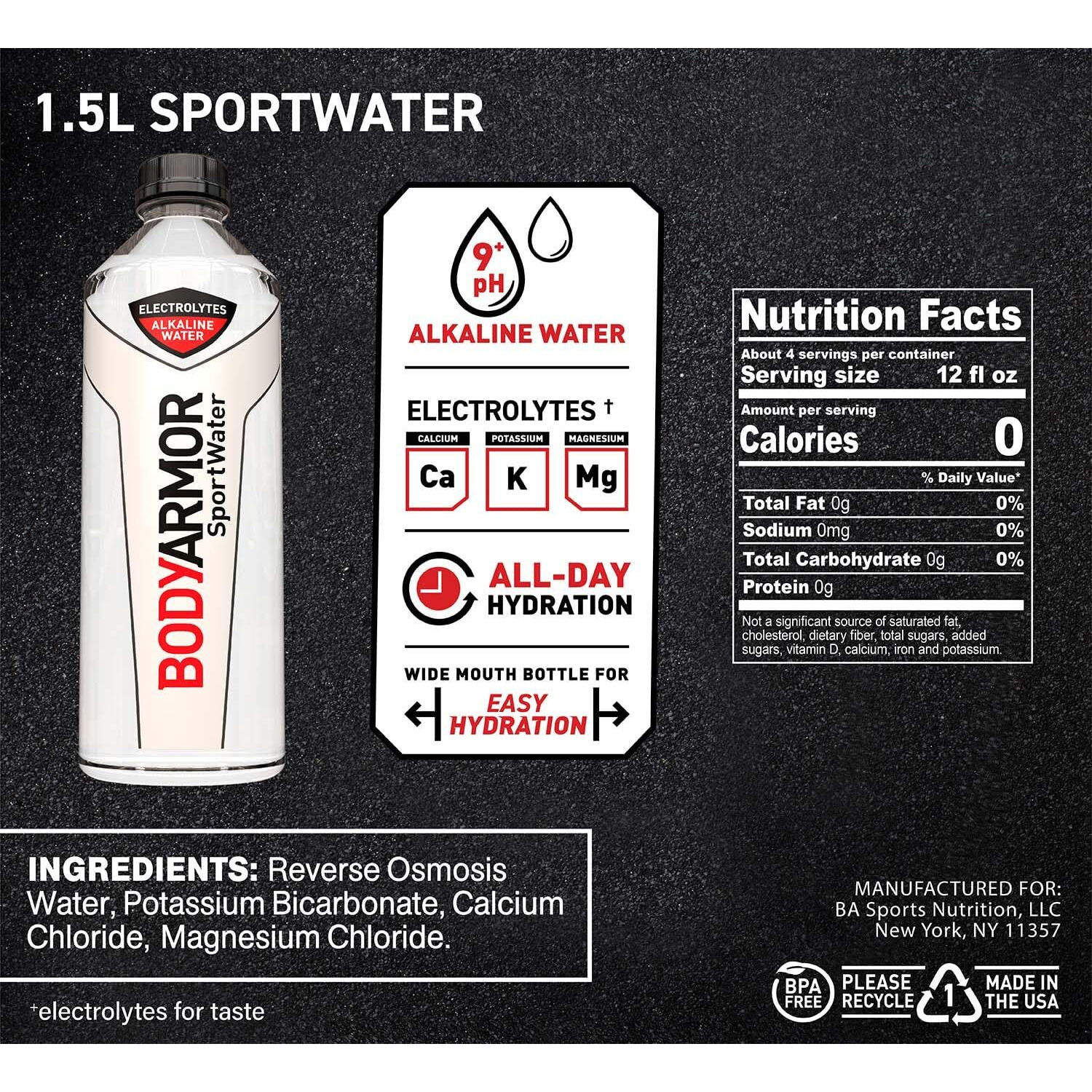 Bodyarmor Sportwater Alkaline Water, Superior Hydration, High Alkaline Water Ph 9+, Electrolytes, Perfect For Your Active Lifestyle, 1.5 Liter (Pack Of 12)
