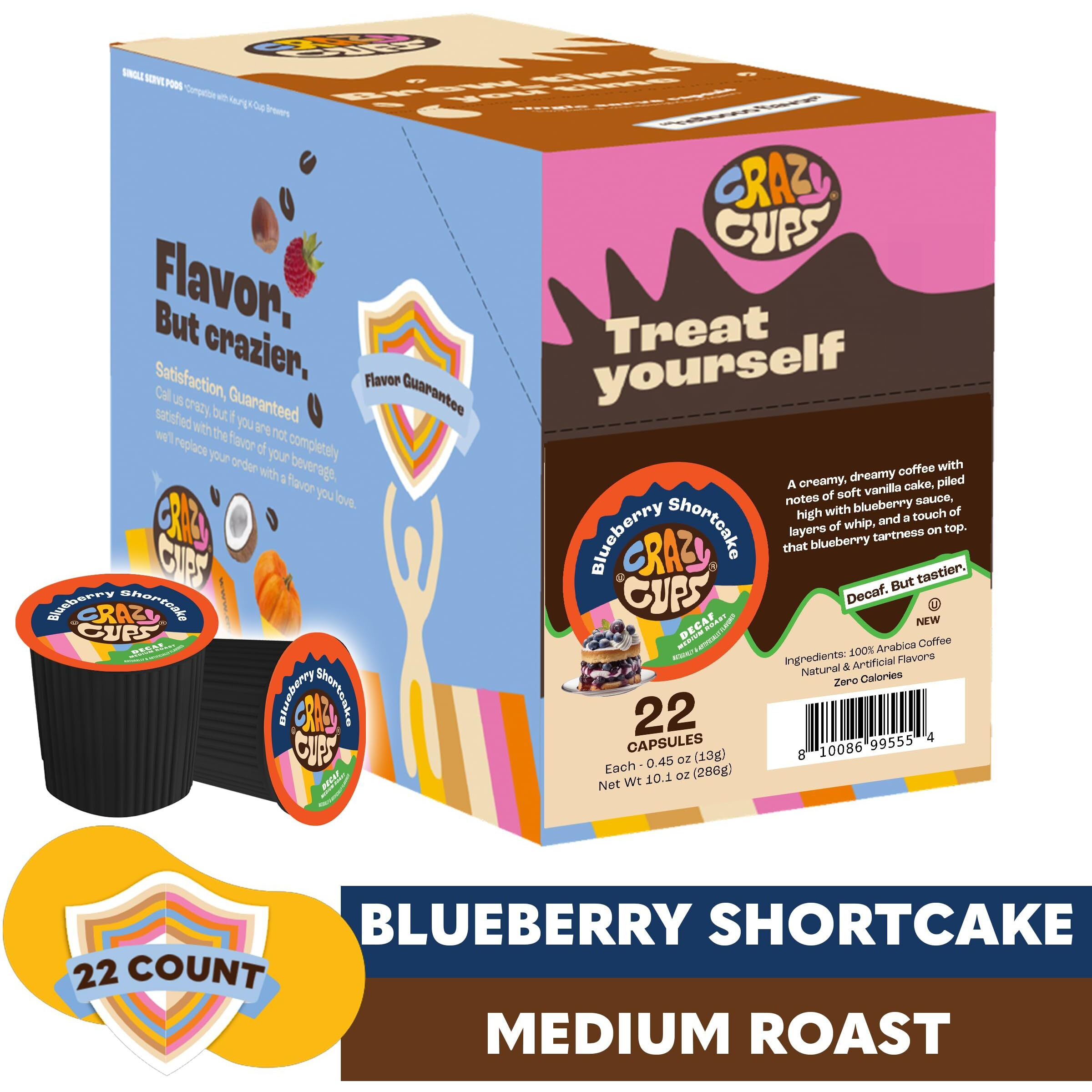 Crazy Cup Decaf Blueberry Coffee Pods, Single Serve Blueberry Shortcake Decaf Hot Or Iced Coffee Cups For Keurig K Cups Machines, Flavored Coffee Blueberry Pods, 22 Count
