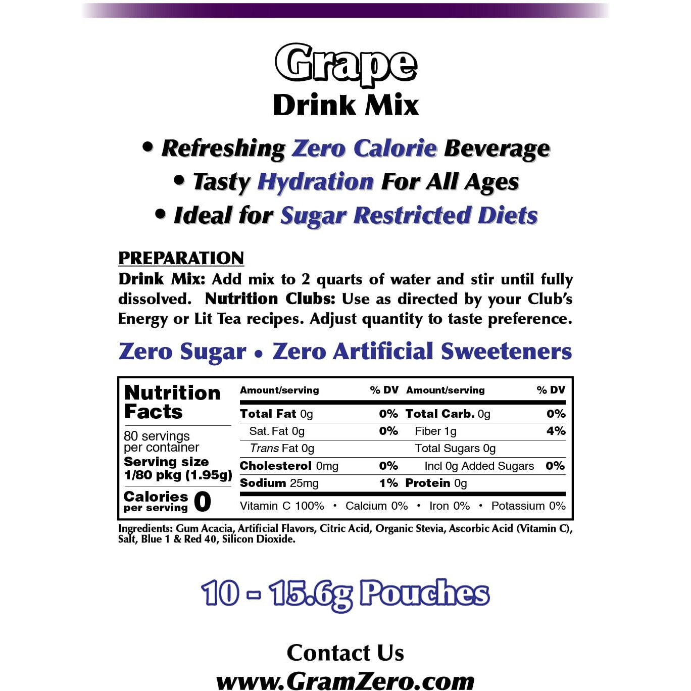Gramzero Grape, Sugar Free Drink Mix, Pitcher Pack, Great For Nutrition Club Loaded Tea, Zero Calorie, Stevia Sweetened