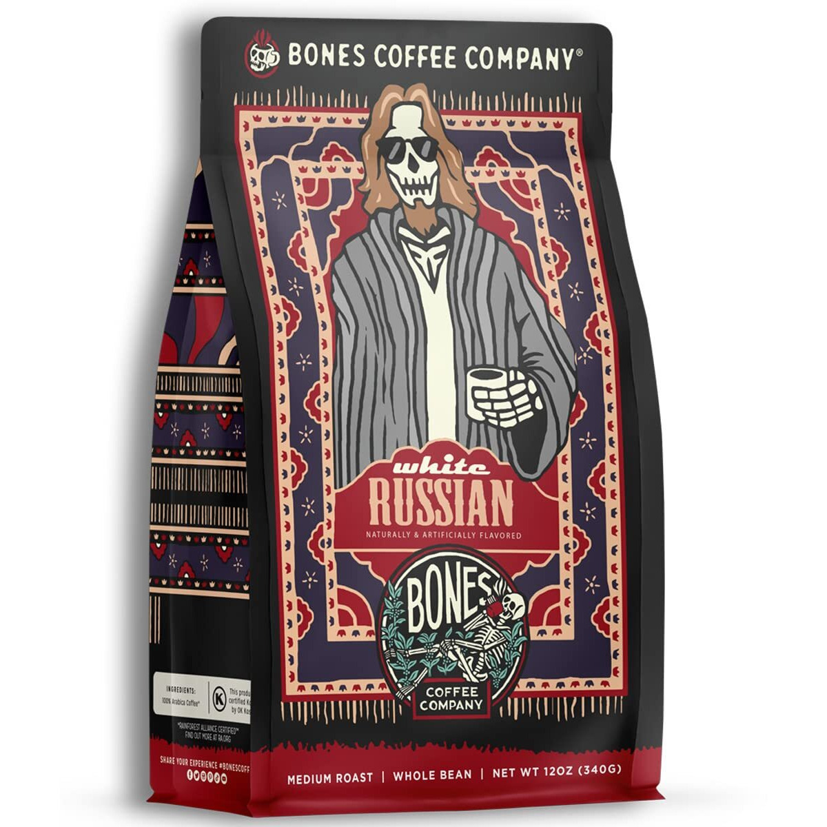 Bones Coffee Company White Russian Ground Coffee Beans, Low Acid Flavored Coffee, Made With Arabica Coffee Beans, Medium Roast Gourmet Coffee (12 Oz)