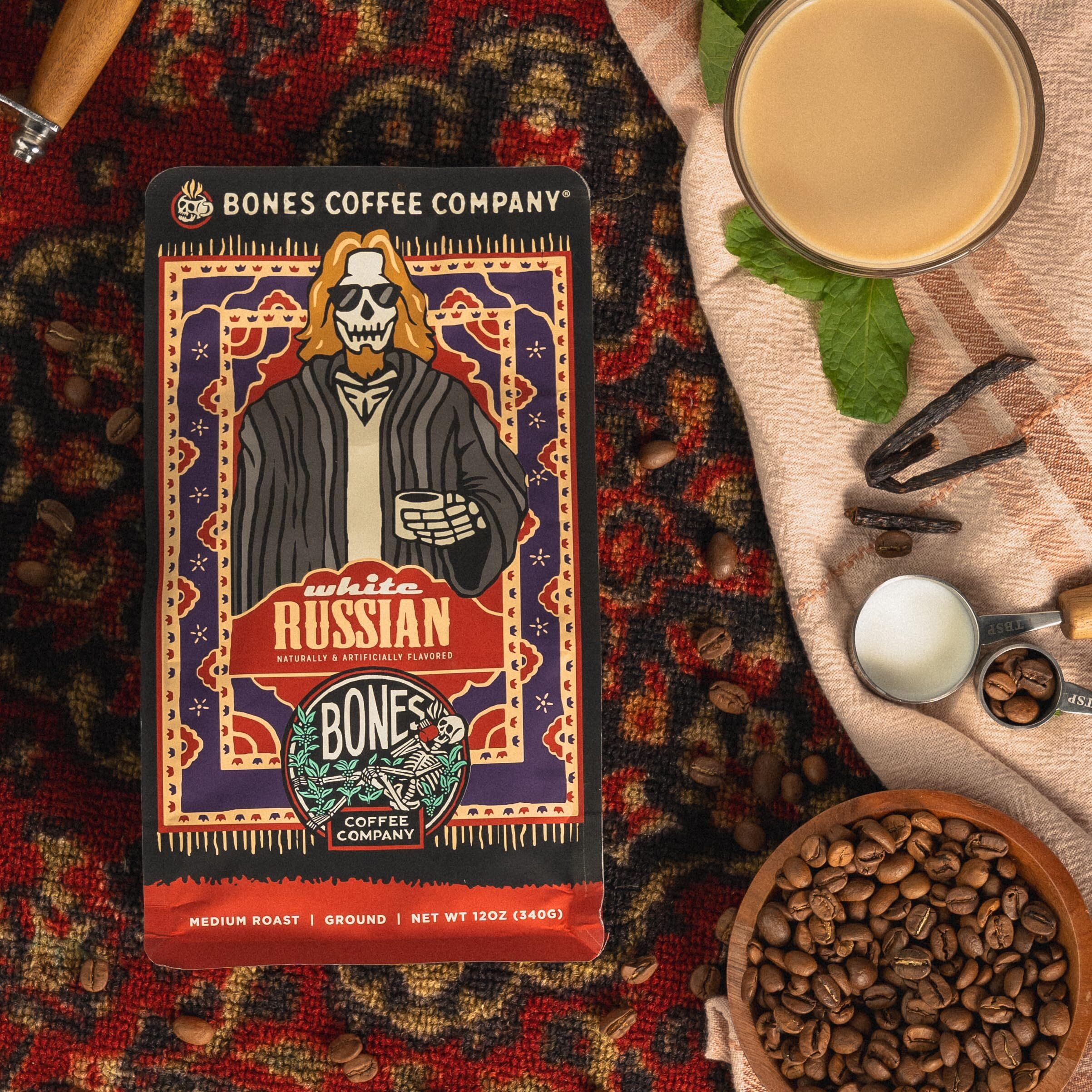 Bones Coffee Company White Russian Ground Coffee Beans, Low Acid Flavored Coffee, Made With Arabica Coffee Beans, Medium Roast Gourmet Coffee (12 Oz)