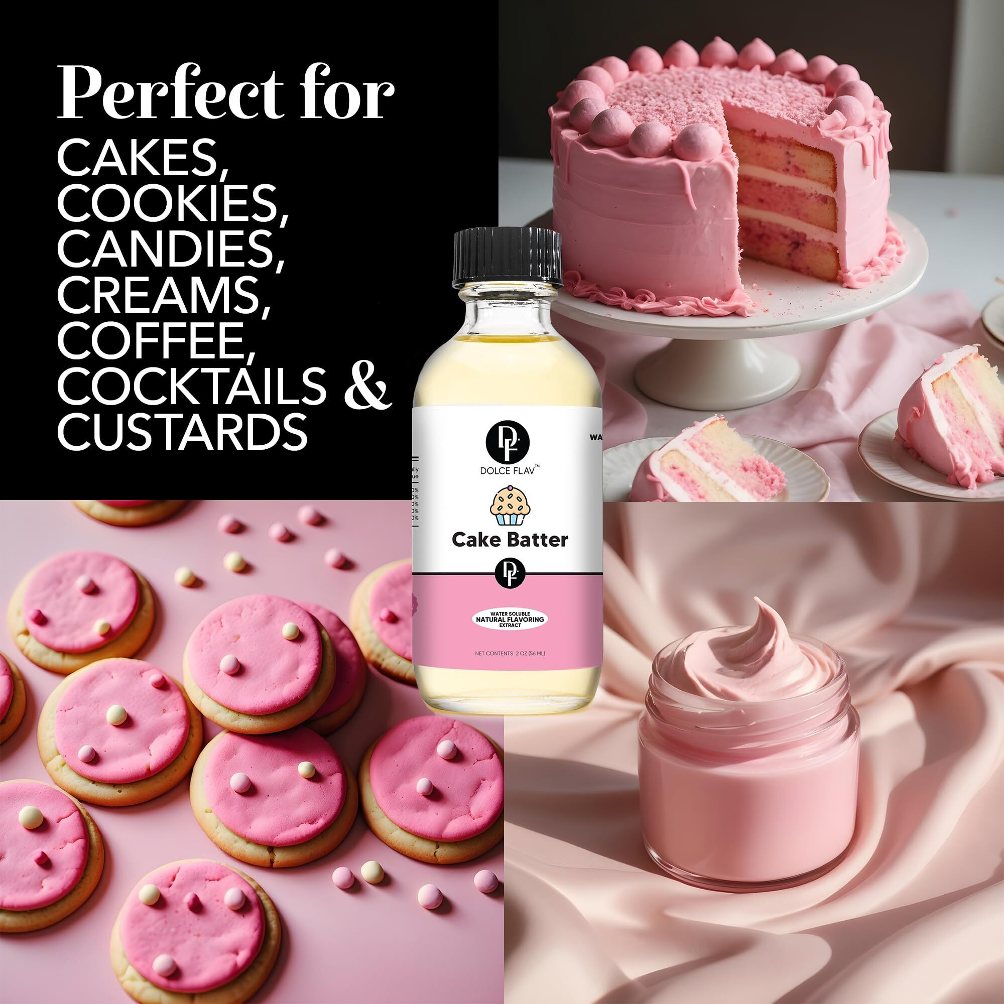 Dolce Flav Natural Cake Batter Extract - 2 Ounce Water-Soluble Multipurpose Flavoring Ideal For Baked Goods, Beverages, Coffee, Desserts & Ice Cream - Perfect Kitchen Gift For Holidays