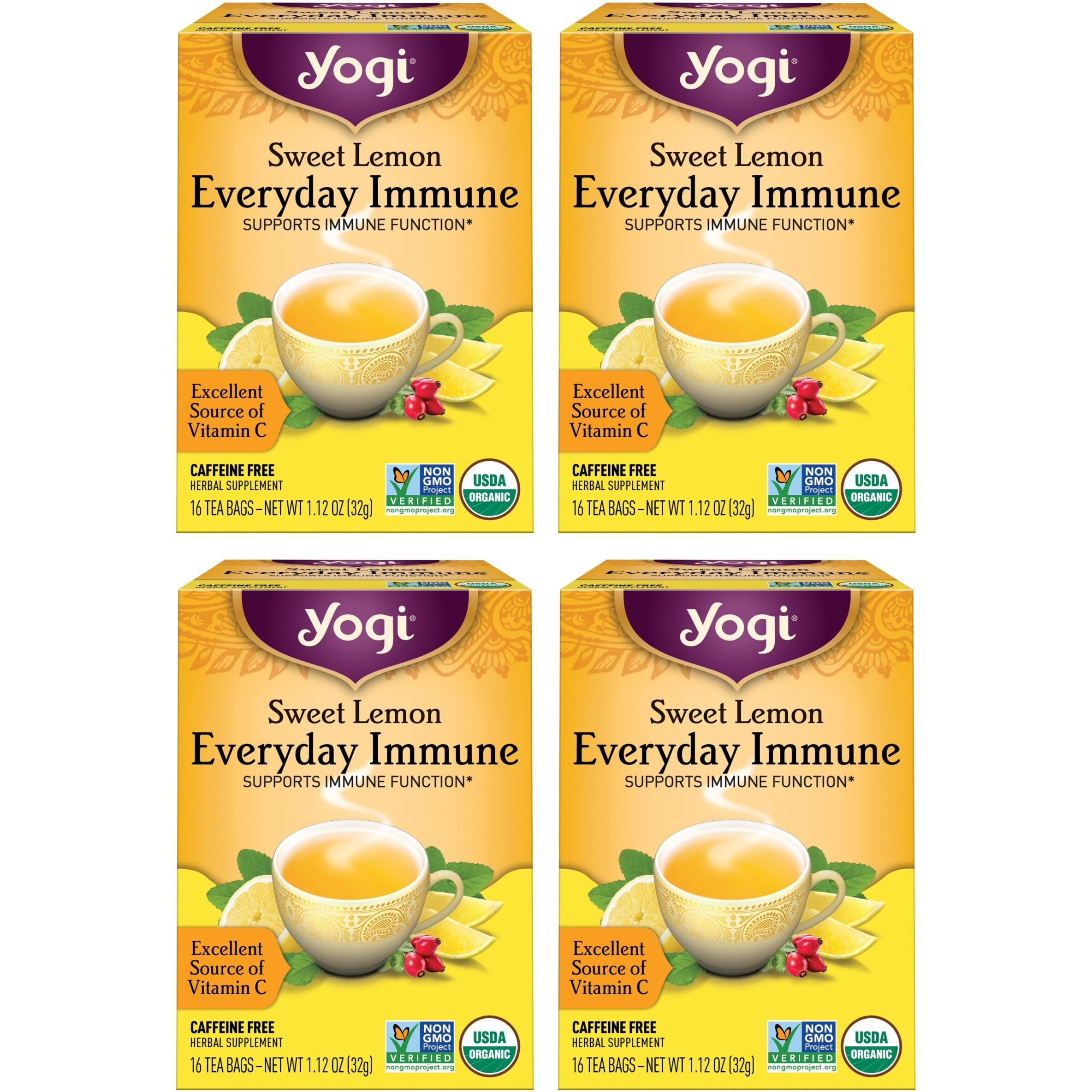 Yogi Tea Sweet Lemon Everyday Immune Tea - 16 Tea Bags Per Pack (4 Packs) - Daily Immune Support Tea - Delicious Lemon Tea Bags - Includes Tulsi, Lemongrass, Rose Hip, Lemon Peel & More