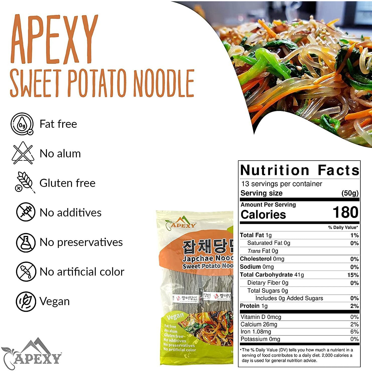 Apexy Sweet Potato Glass Noodles, Japchae Noodles, Korean Vermicelli Pasta, Fat-Free And Gluten-Free, 100% Sweet Potato Starch, No Additive, No Alum Inside, 24Oz (680G) Pack Of 2