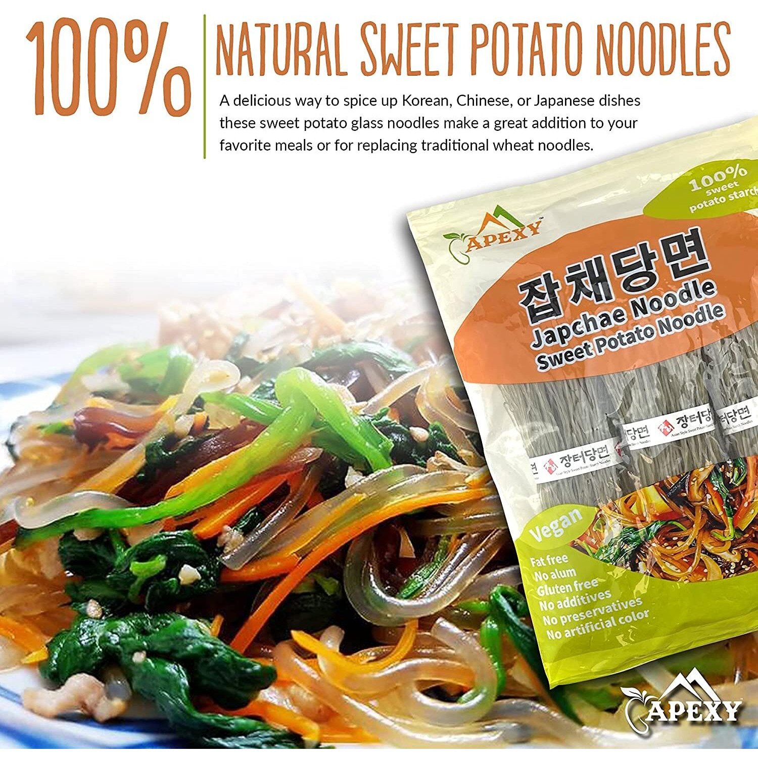 Apexy Sweet Potato Glass Noodles, Japchae Noodles, Korean Vermicelli Pasta, Fat-Free And Gluten-Free, 100% Sweet Potato Starch, No Additive, No Alum Inside, 24Oz (680G) Pack Of 2