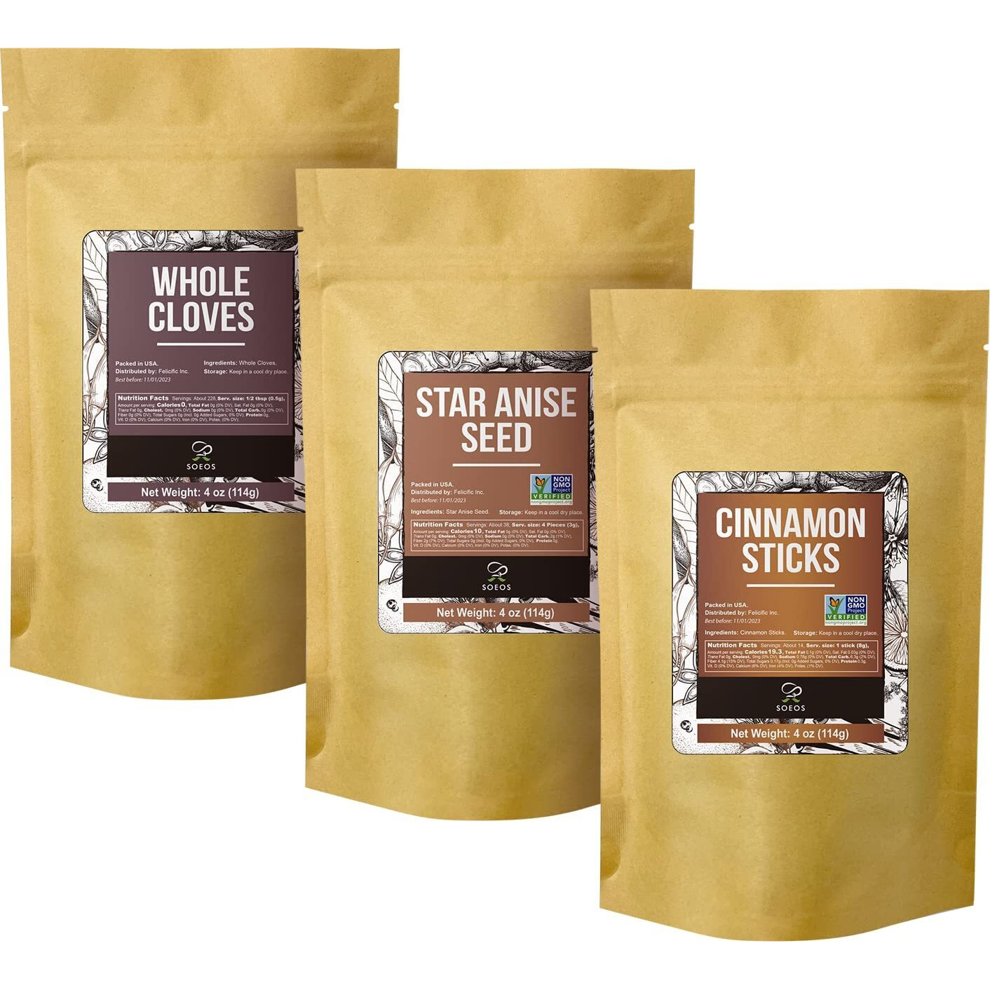 Soeos Cinnamon Sticks Bulk + Star Anise Whole + Whole Cloves Bulk, 4Oz Each, All Natural, No Preservative, Spice Sets, Starter Spice Set, Perfect Refill For Kitchen Spices, Spice Gift Set