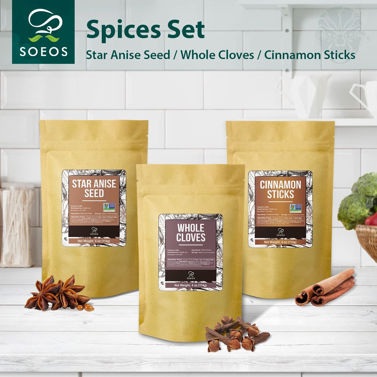 Soeos Cinnamon Sticks Bulk + Star Anise Whole + Whole Cloves Bulk, 4Oz Each, All Natural, No Preservative, Spice Sets, Starter Spice Set, Perfect Refill For Kitchen Spices, Spice Gift Set
