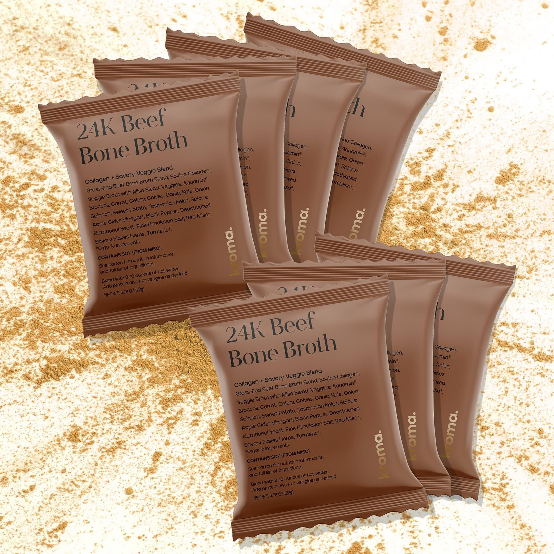 Kroma Premium Grass Fed Beef Bone Broth, Dairy & Gluten Free Powder Mix With Collagen, Protein, Turmeric & Other Organic Ingredients, Promotes Gut Health & Healthy Skin, Hair & Nails - 7 Packets