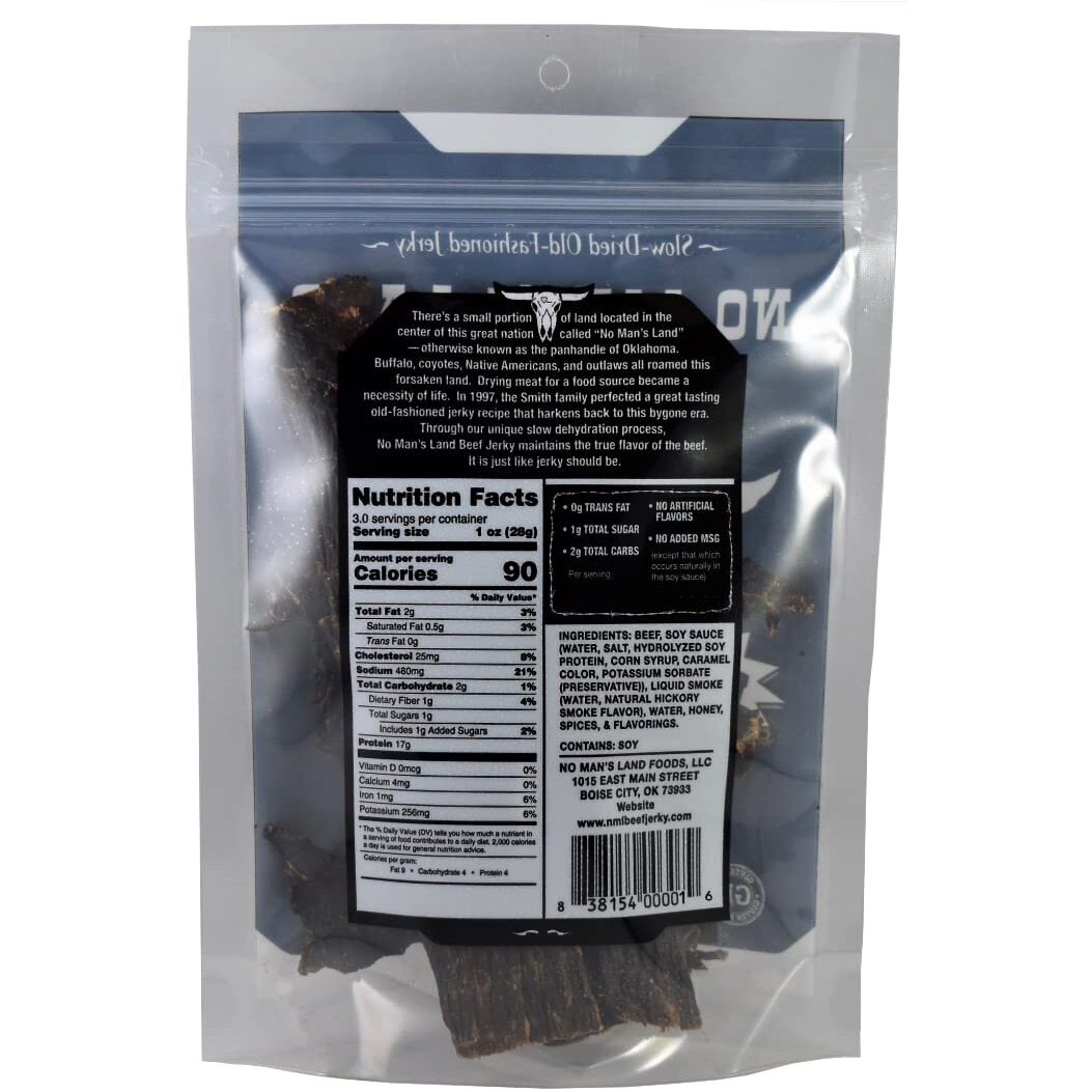 No Mans Land Mild Beef Jerky High Protein Low Calorie Low Carb Beef Snack 3.0Oz Bag
