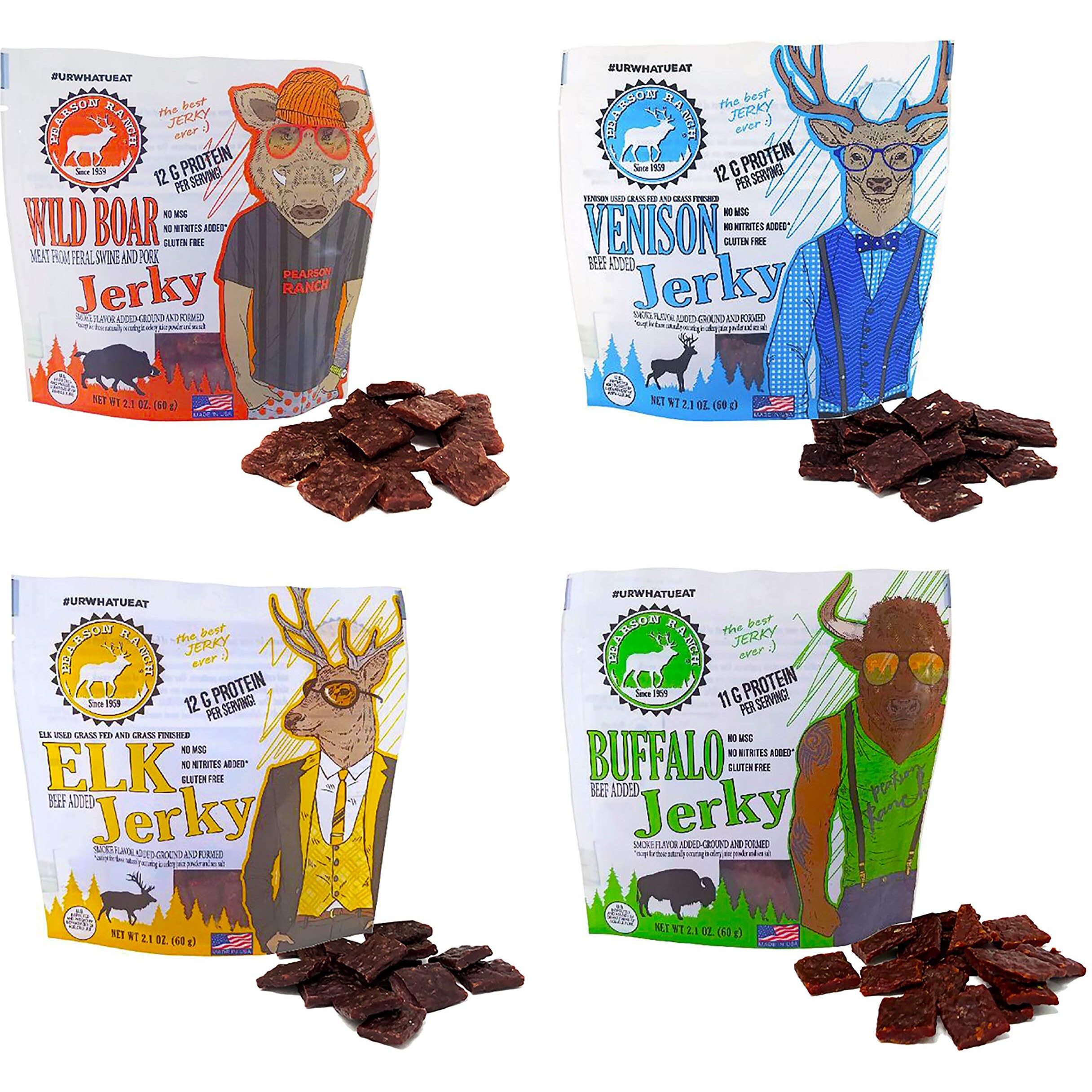Pearson Ranch Wild Grass Fed Game Variety Pack Of 4-2.1Oz Bags - Venison, Elk, Buffalo, & Wild Boar - Gluten-Free, Msg-Free, Paleo And Keto Friendly