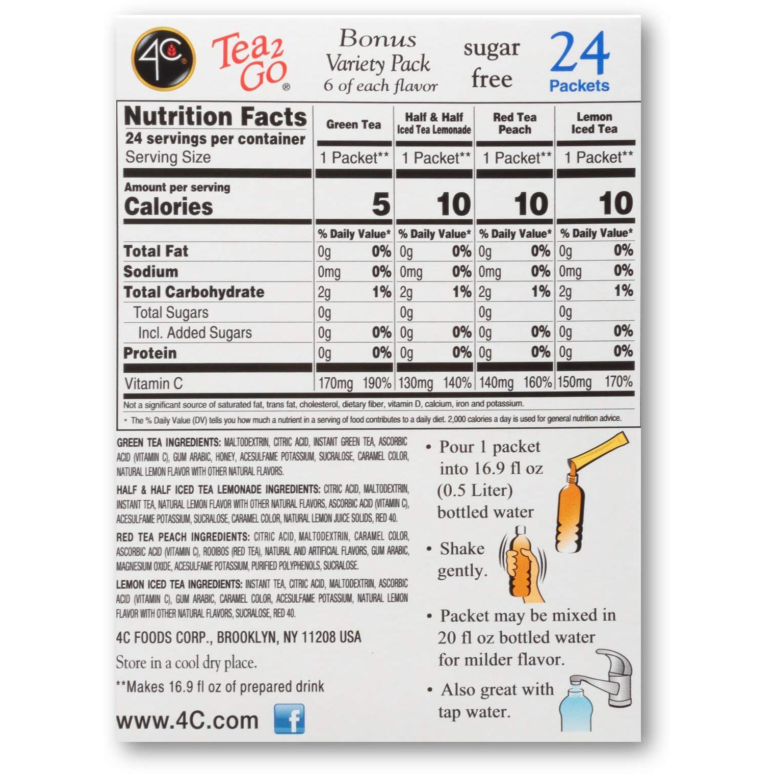 4C Powder Drink Mix Packets, Iced Tea Variety 1 Pack, 24 Count, Singles Stix On The Go, Refreshing Sugar Free Water Flavorings