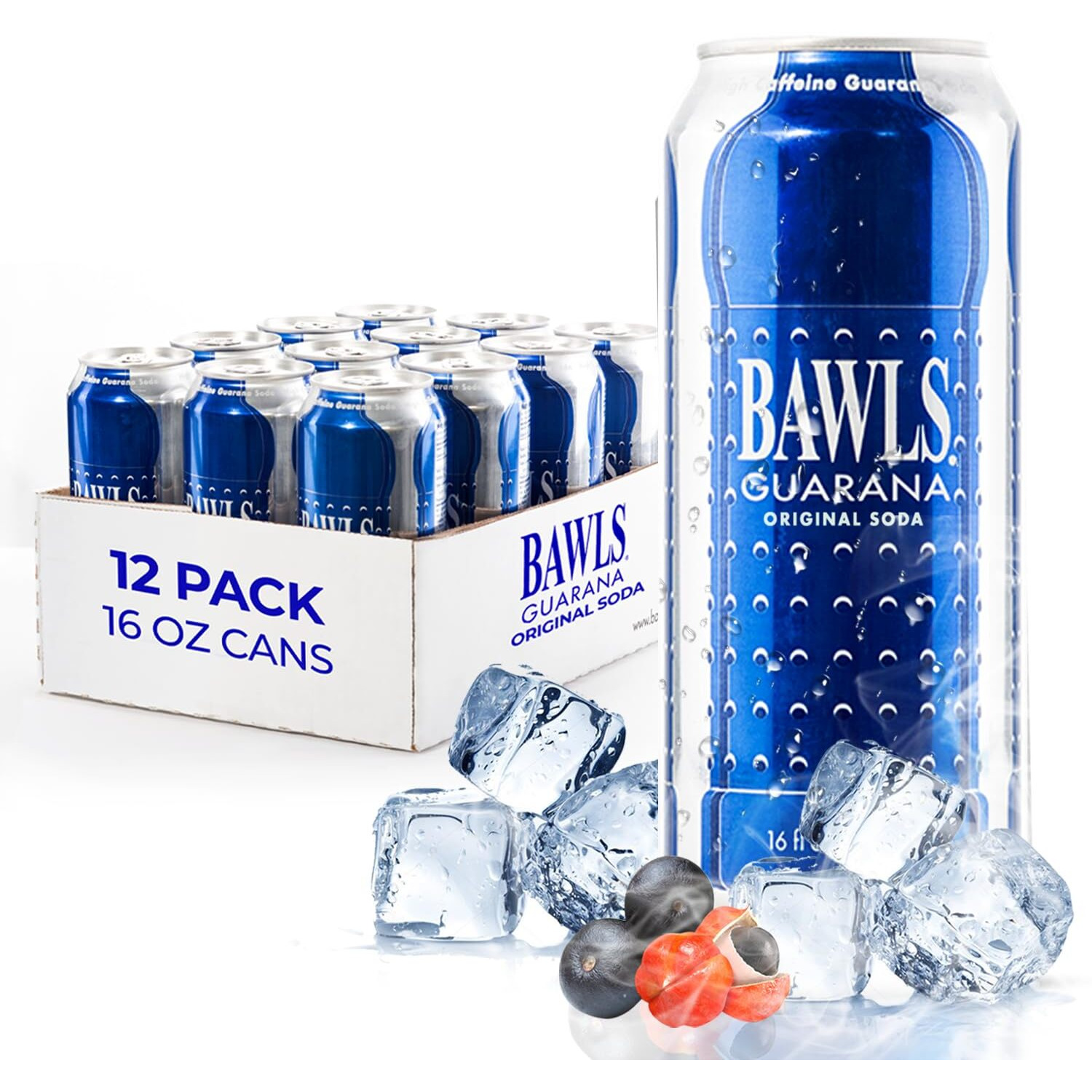 Bawls Guarana Original, Bawls Guarana Drink, Guarana Soda, Guarana Fueled Soda For Energy, High Energy Caffeinated Drink, 16Oz 12 Pack Cans