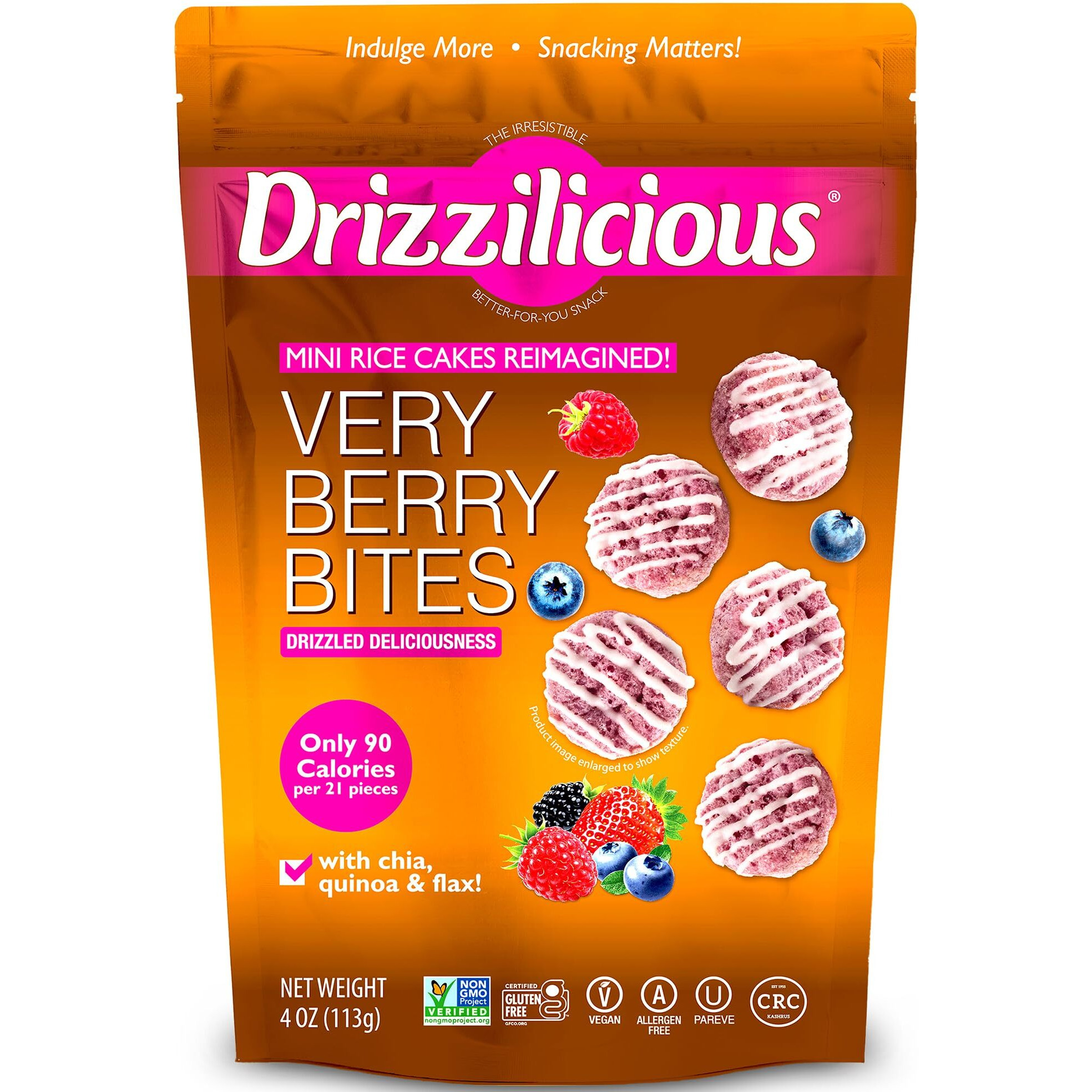 Drizzilicious Mini Rice Cakes Very Berry - Rice Crisps, Healthy Snack For Adults And Kids, Flavored Rice Cakes, Vegan, Gluten Free, Allergen Free, Only 90 Calories Per Serving - 4 Oz (Pack Of 6)