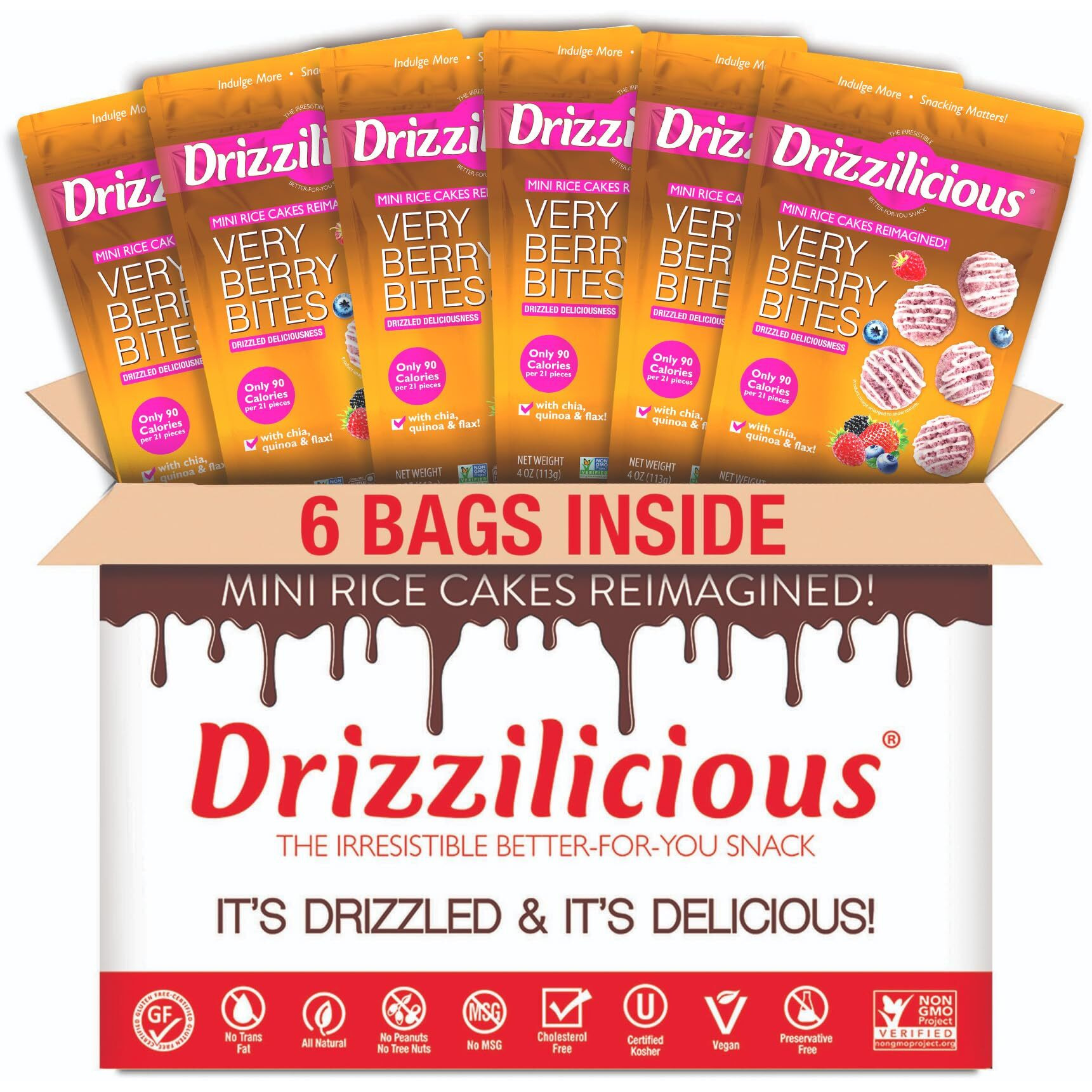 Drizzilicious Mini Rice Cakes Very Berry - Rice Crisps, Healthy Snack For Adults And Kids, Flavored Rice Cakes, Vegan, Gluten Free, Allergen Free, Only 90 Calories Per Serving - 4 Oz (Pack Of 6)