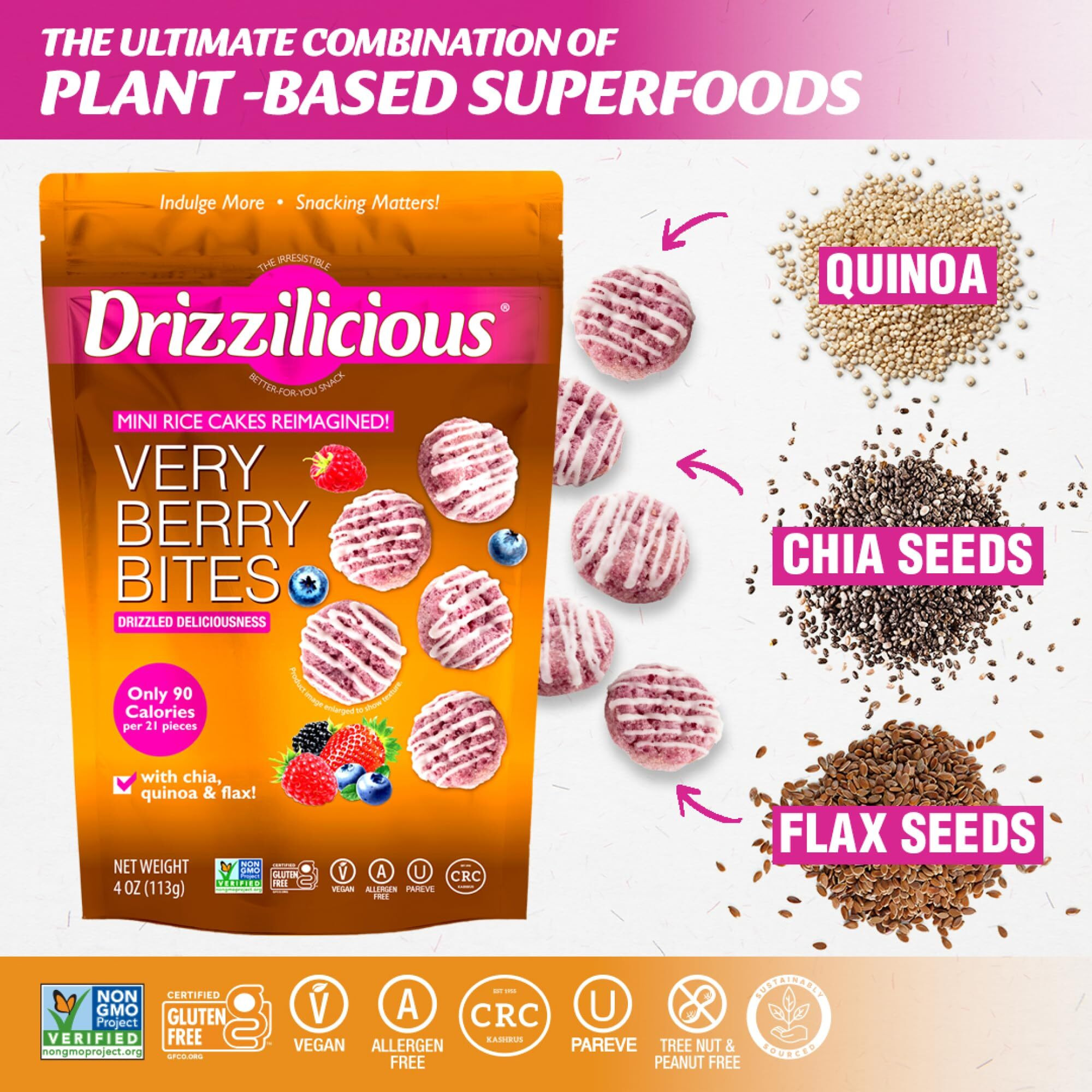 Drizzilicious Mini Rice Cakes Very Berry - Rice Crisps, Healthy Snack For Adults And Kids, Flavored Rice Cakes, Vegan, Gluten Free, Allergen Free, Only 90 Calories Per Serving - 4 Oz (Pack Of 6)