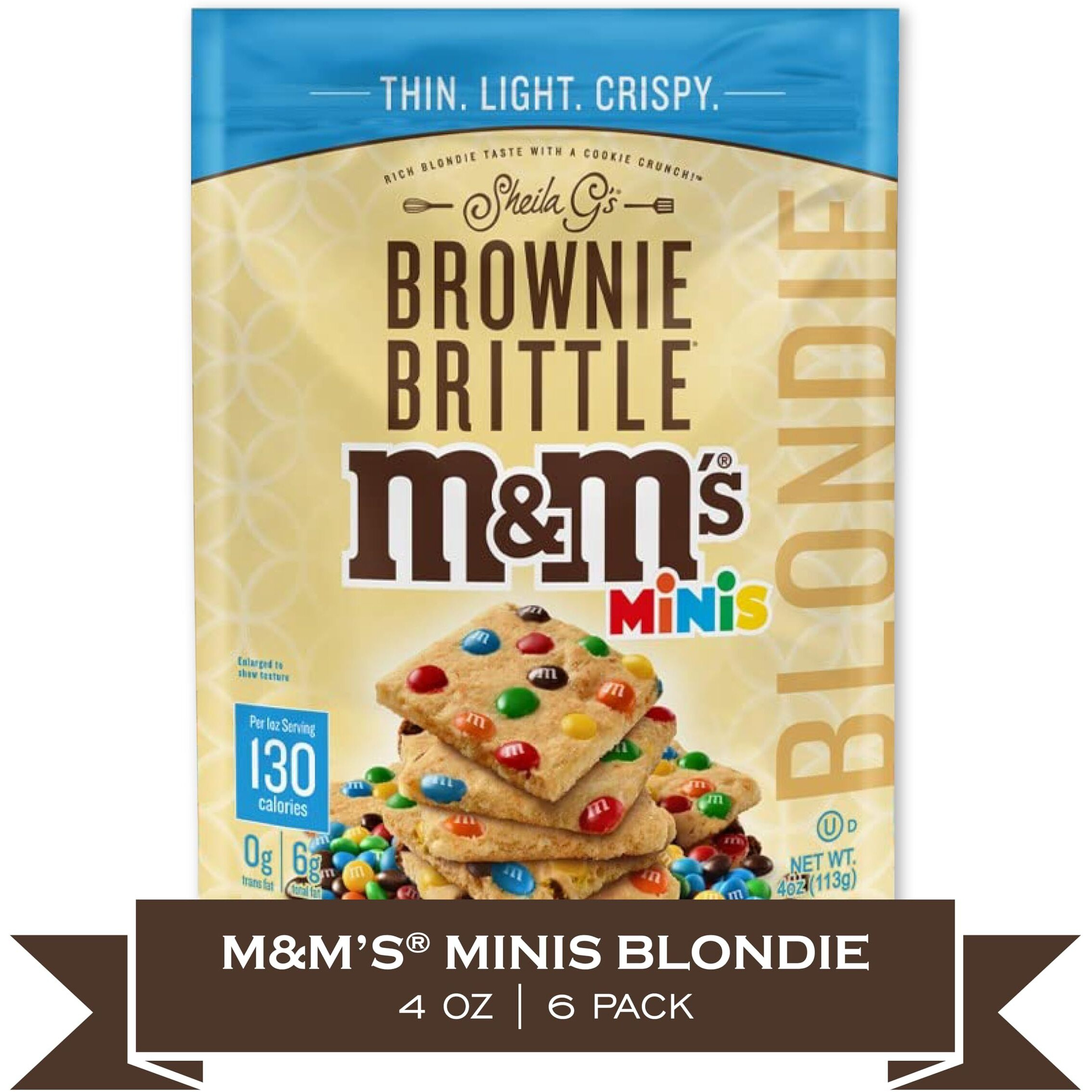 Sheila G's Brownie Brittle - M&Ms Minis Blondie Thin And Crispy Sweet Snacks (Pack Of 6, 4 Oz), Rich Gourmet Brownie Bites Dessert