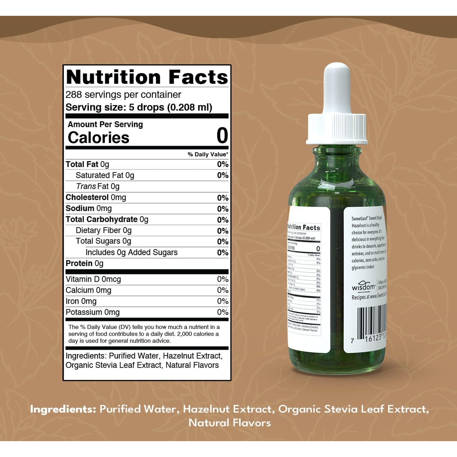 Wisdom Natural Brands Stevia Liquid Sweet Drops - Hazelnut Flavored Drops, Stevia Liquid Sweetener, Zero-Calorie, Sugar-Free Syrup Alternative For Keto Coffee, Baking, Shakes, 2 Fl Oz (Pack Of 3)