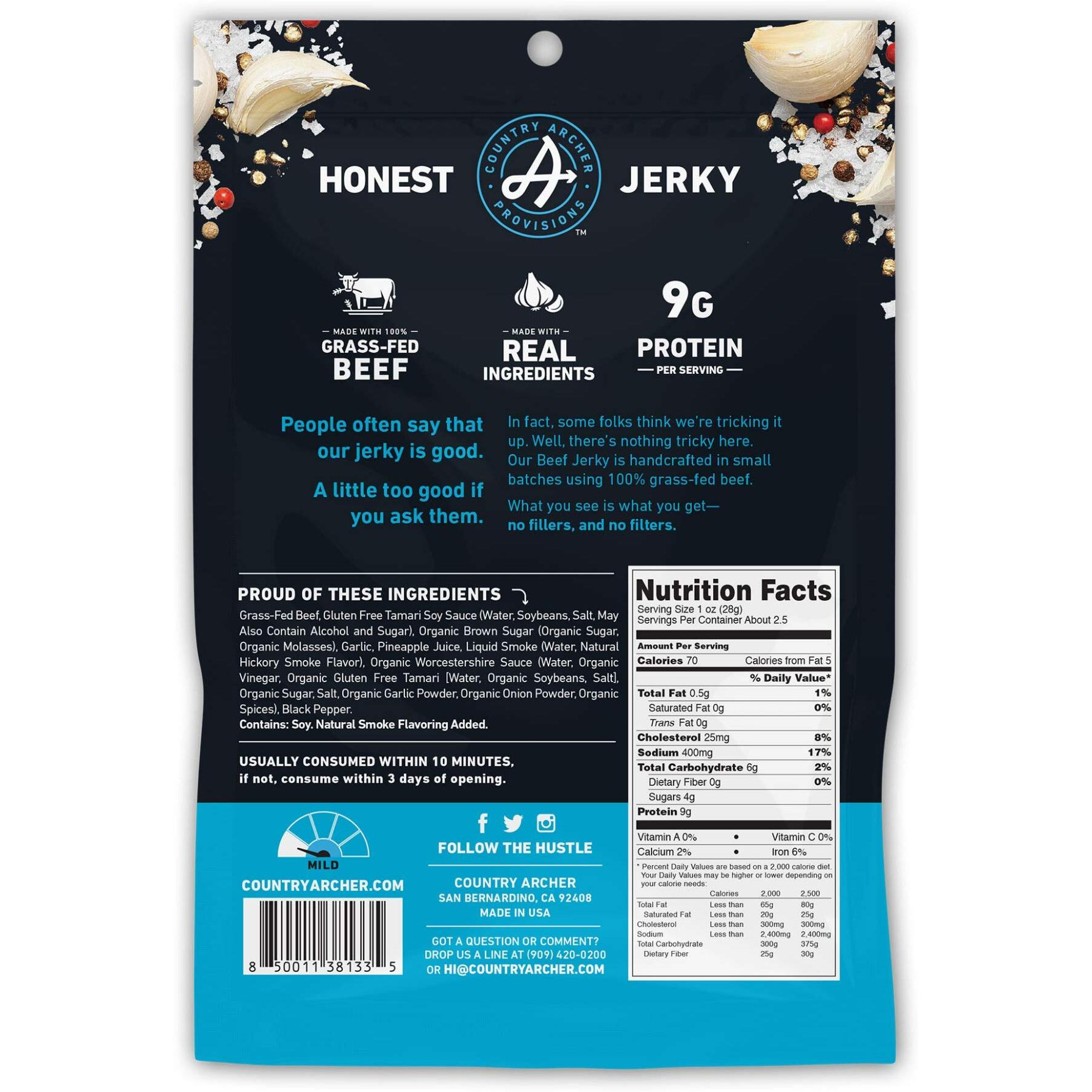 Original Beef Jerky By Country Archer, 100% Grass-Fed, Gluten Free, Protein Snacks, 2.5 Ounces, 4 Pack