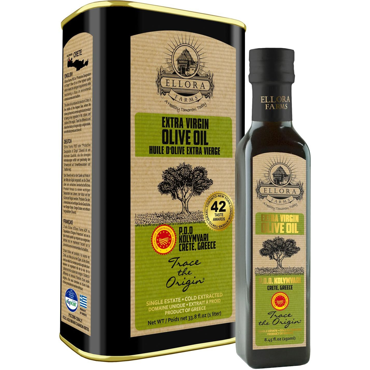 Ellora Farms, Greek Extra Virgin Olive Oil, Gold Award Winner, Single Estate Traceable Olive Oil, 33.8 Oz. Tin And 8.45 Oz. Glass Bottle, Combo Pack