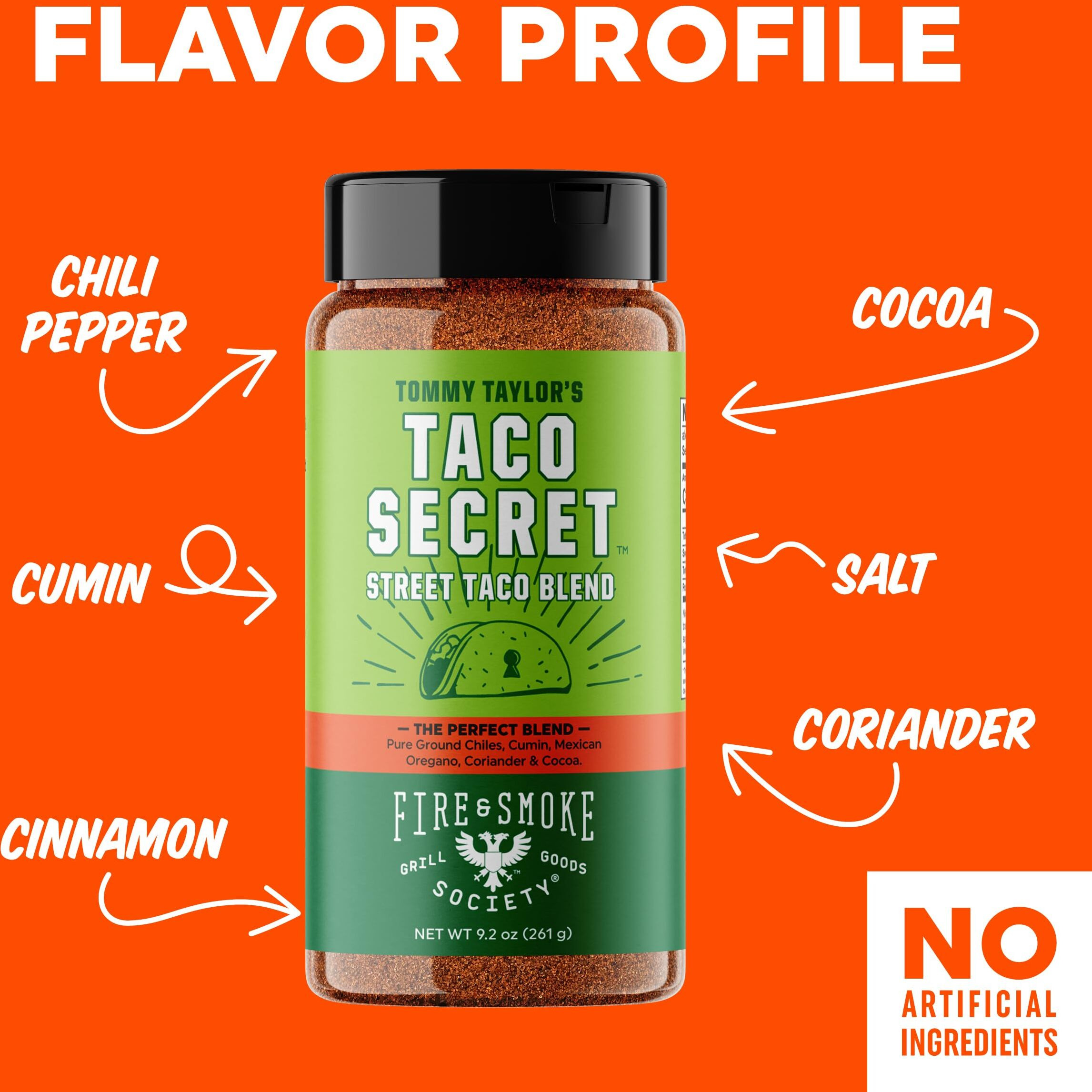 Fire & Smoke Society Taco Secret Taco Seasoning Mix | Xlarge Bottle | Fajita Seasoning Mix, Carnitas, Meat, Mexican Spice Blend | Msg Free, Gluten Free, Non-Gmo | 9.2 Oz