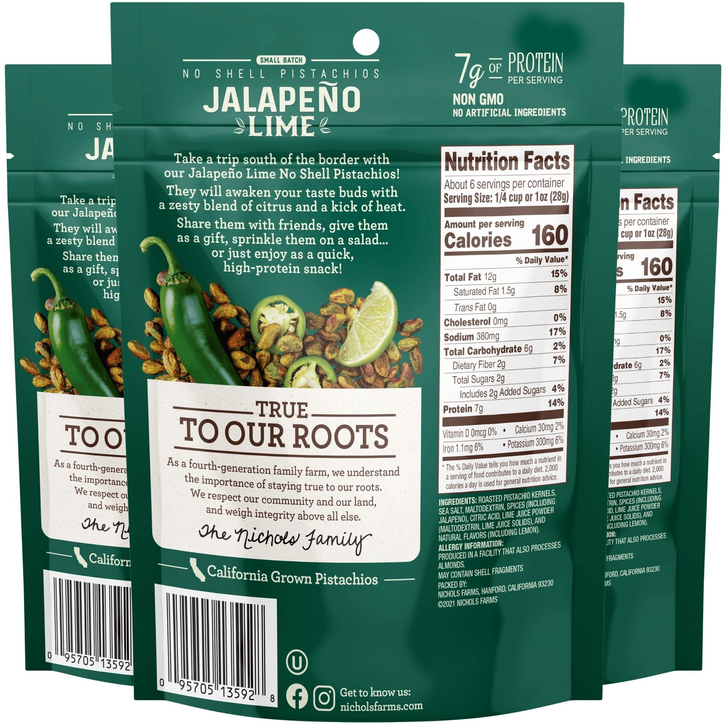 Nichols Farms Pistachios - Fresh Roasted No Shell Pistachio - Nutrient Rich Nuts Snack Packs - Non-Gmo, California Grown - Healthy, Wonderful Tasting, Party Snack - (Jalapeo Lime)