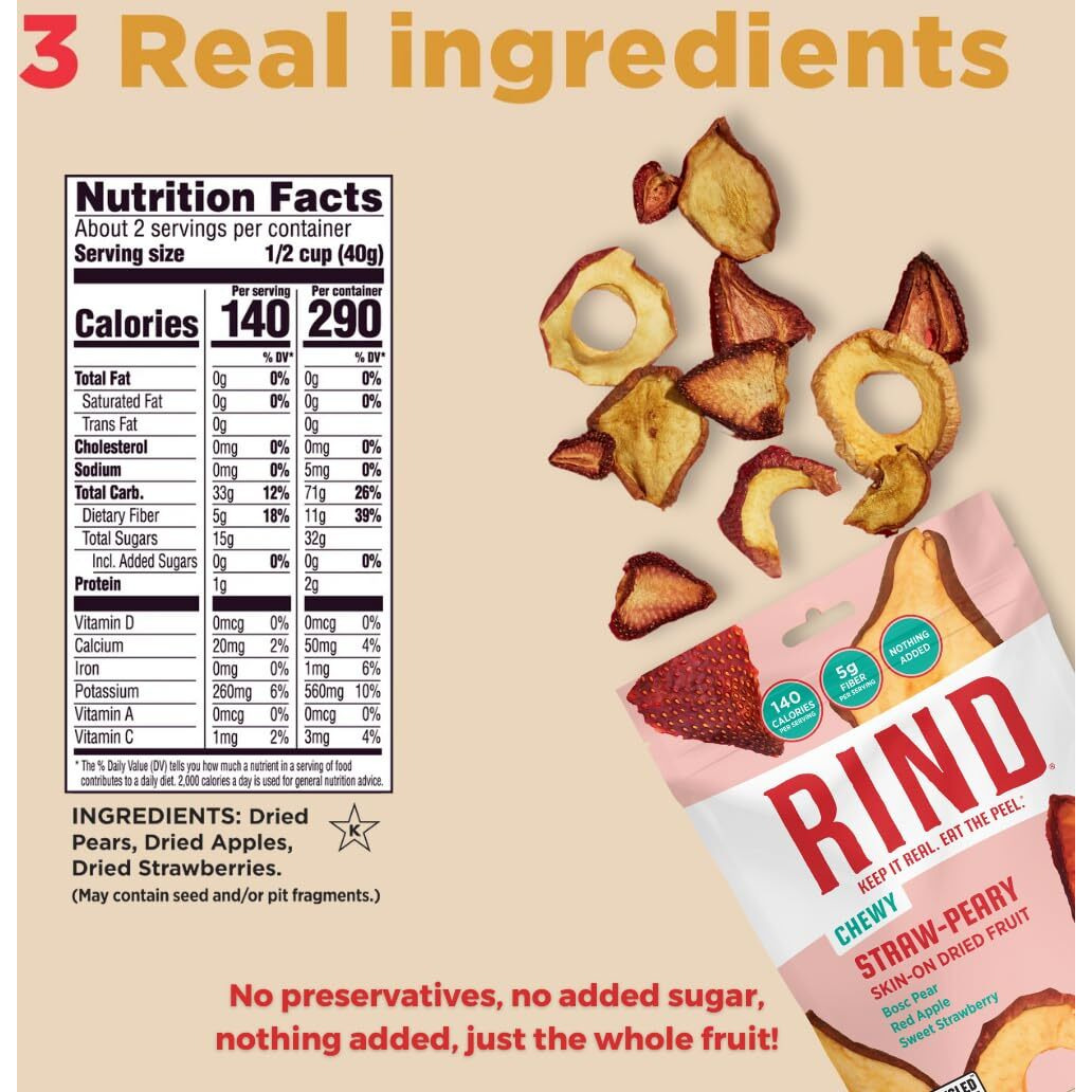 Rind Snacks | Straw-Peary | Strawberry, Apple, & Pear | Dried Fruit Superfood | Chewy Snack | No Sugar Added | All Natural | High In Fiber | Gluten Free | Vegan | Paleo | Fruit Snacks | 3 Oz | 6 Pack