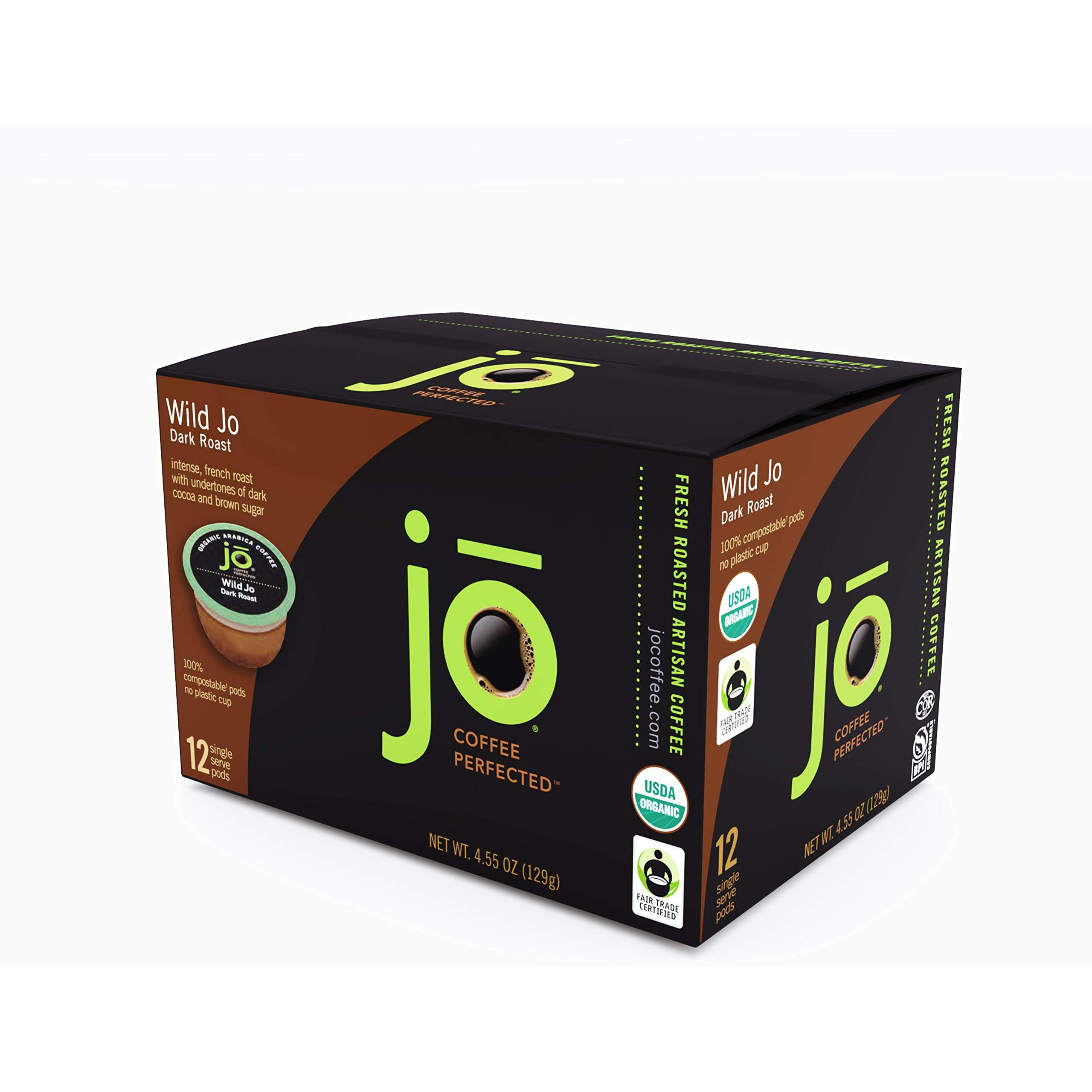 Wild Jo 12 Cup Organic Dark French Roast Compostable Coffee Pods For Keurig K-Cup Compatible Brewers | Bold Strong Rich Wicked Good | Eco-Friendly Single Serve | Fair Trade Certified Gluten Free