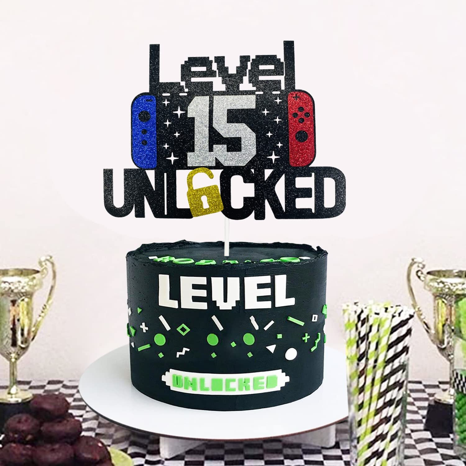 Happy 15Th Birthday Video Game Cake Topper Level 15 Unlocked Cake Topper For Kids Boys Girls 15-Years-Old Birthday Party Decoration (15)