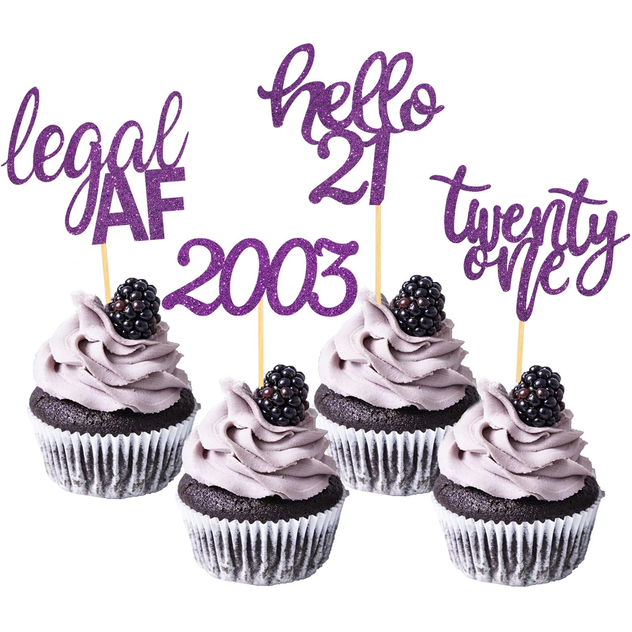 24 Pcs Glitter 21St Birthday Cupcake Toppers For Celebrating Twenty-One Years Old Birthday Party Decorations (Purple Glitter)