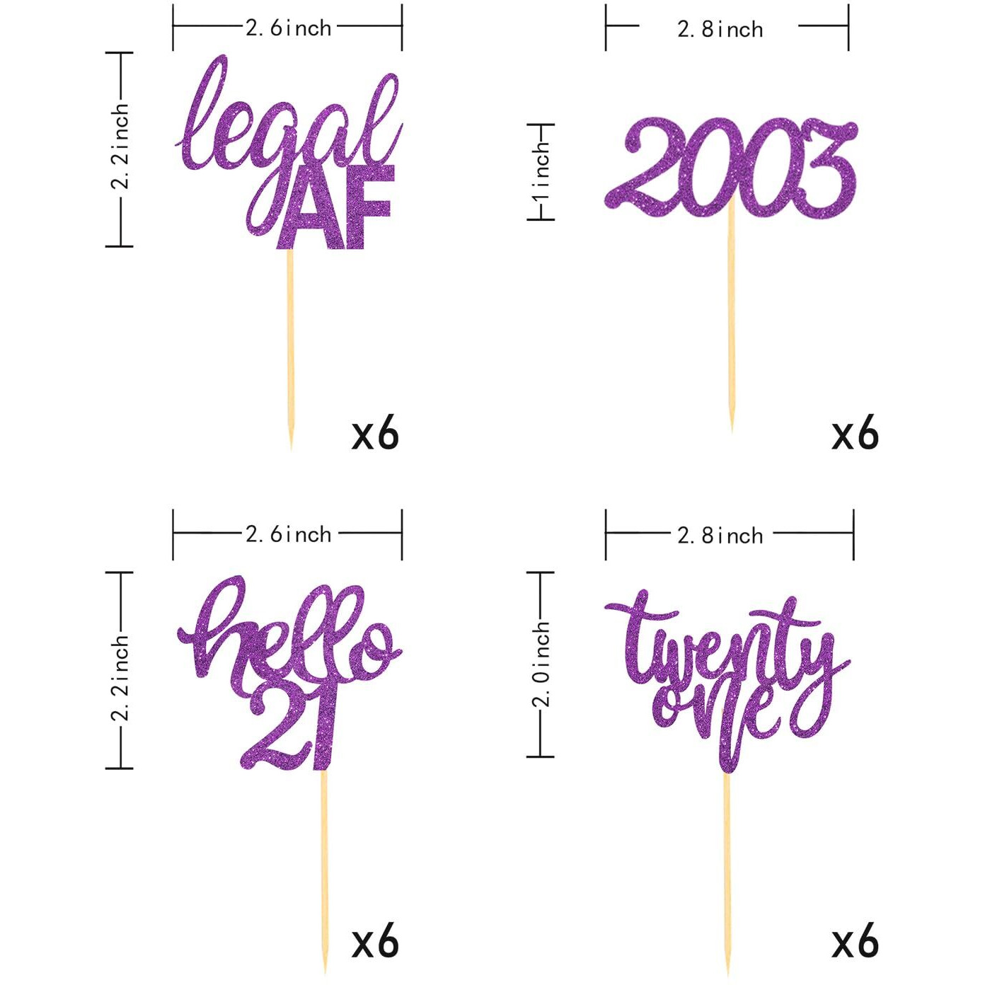 24 Pcs Glitter 21St Birthday Cupcake Toppers For Celebrating Twenty-One Years Old Birthday Party Decorations (Purple Glitter)